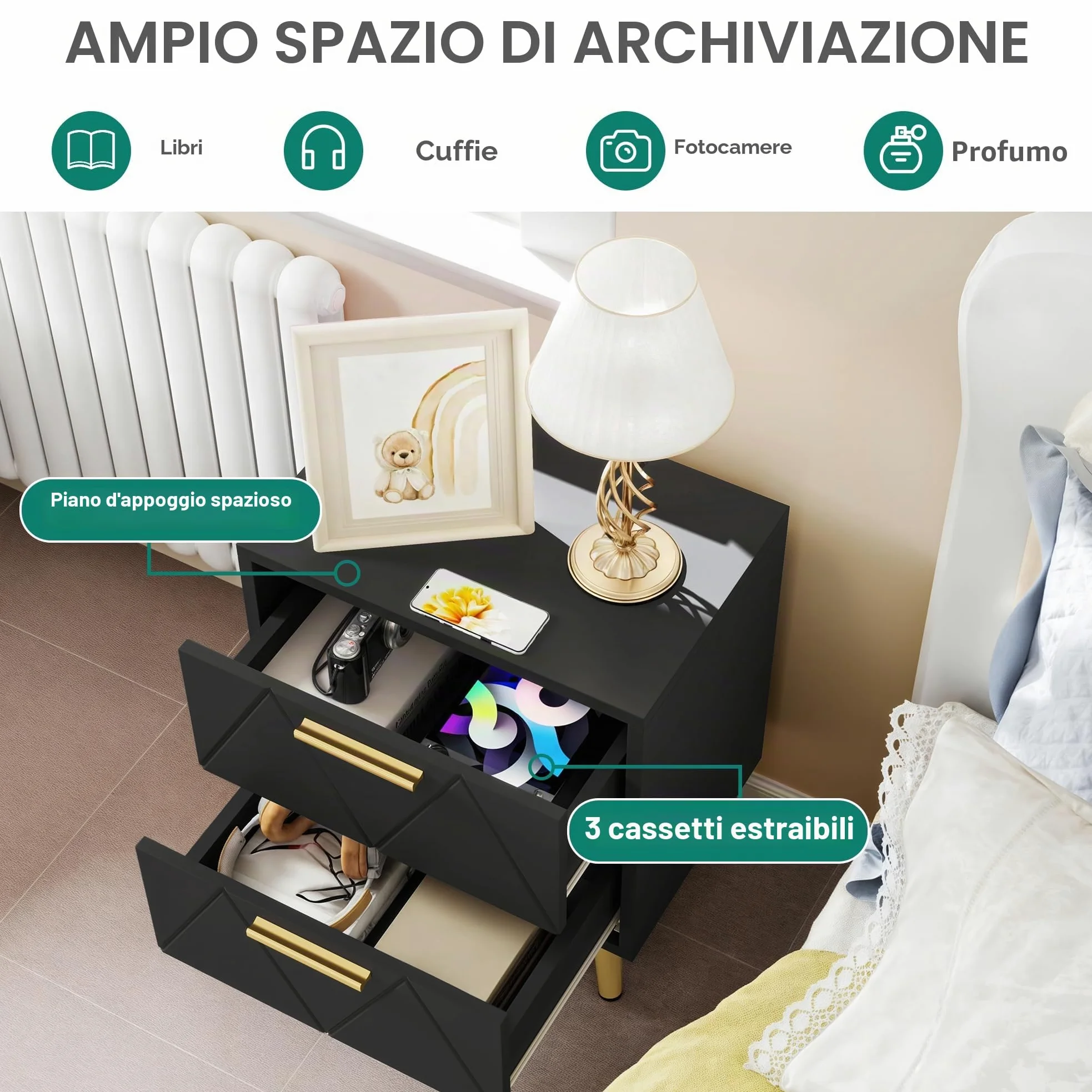 YITAHOME Set di 2 comodini con 2 cassetti, piccolo comodino con contenitore, comodino per soggiorno, camera da letto, ufficio, nero e oro, 40 x 30 x 52 cm, nero e oro
