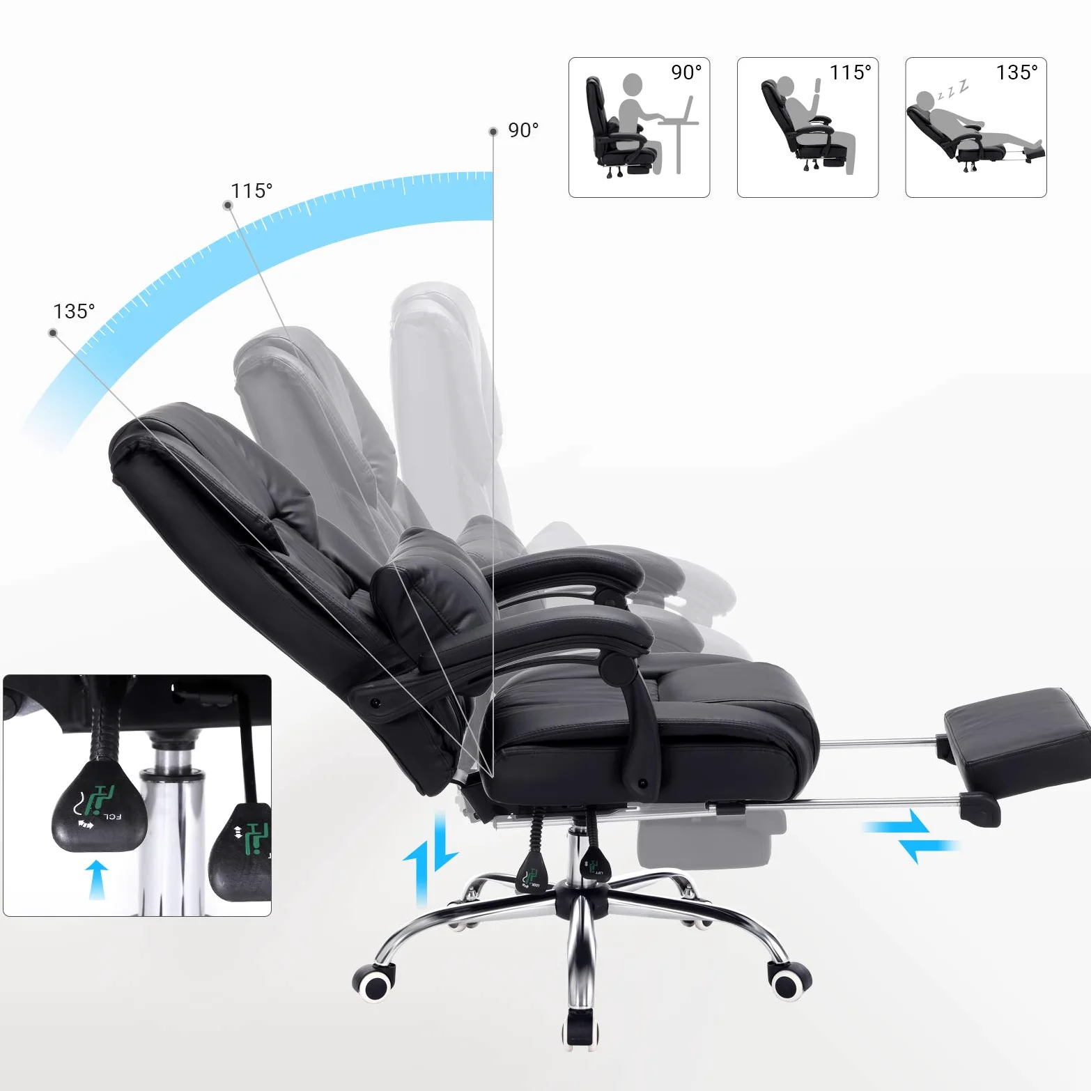 SONGMICS Poltrona Girevole con Poggiagambe Sedia Direzionale Ergonomica da Ufficio Studio Regolabile con Rotelle OBG71B, Finta Pelle, Nero, 7070 （117-125）
