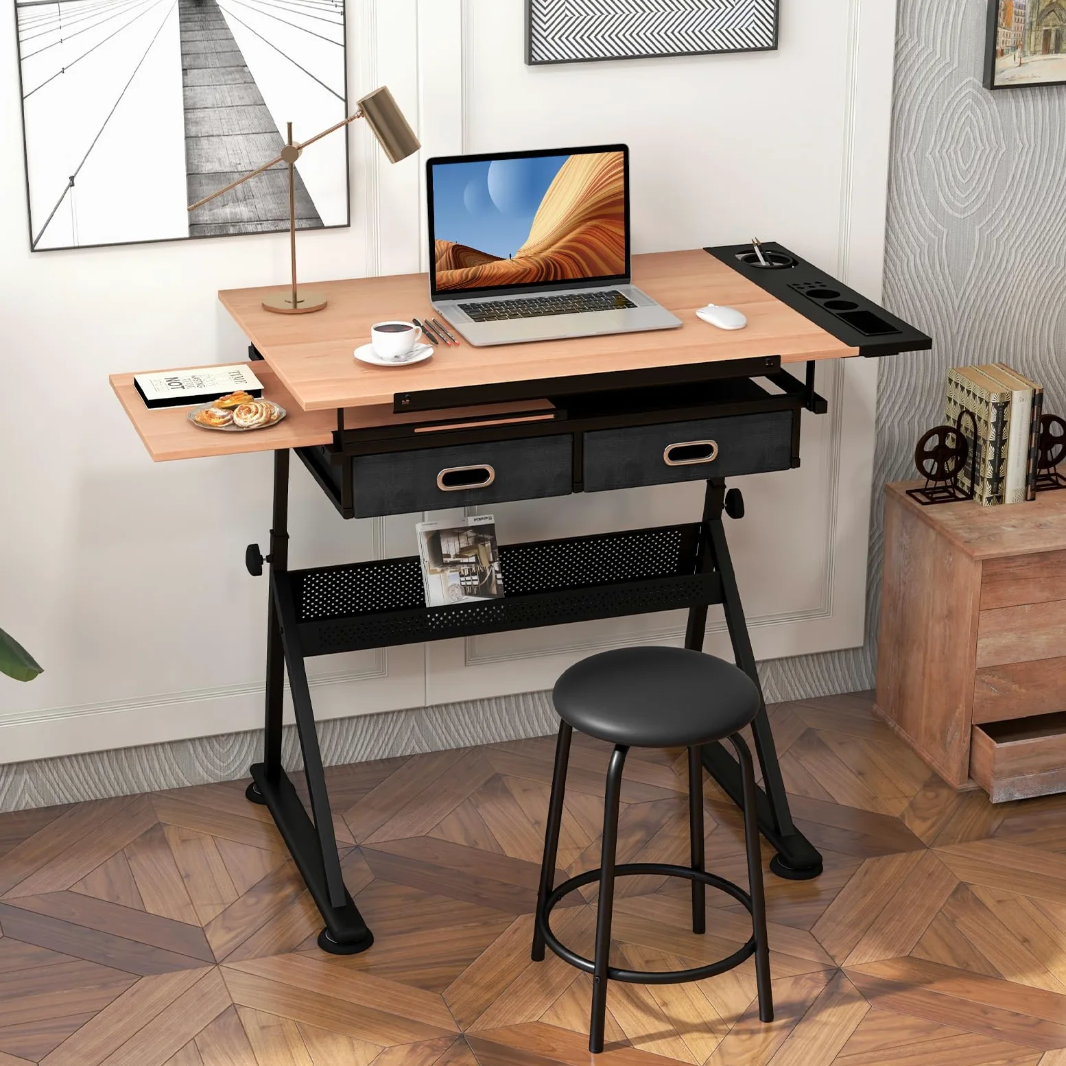 COSTWAY Tavolo da Disegno, Scrivania per Arte Inclinabile e Regolabile in Altezza con Sgabello, Cassetti, Portapenne e Ripiano, Ideale per Disegnatore, Pittore e Ingegnere (Naturale)