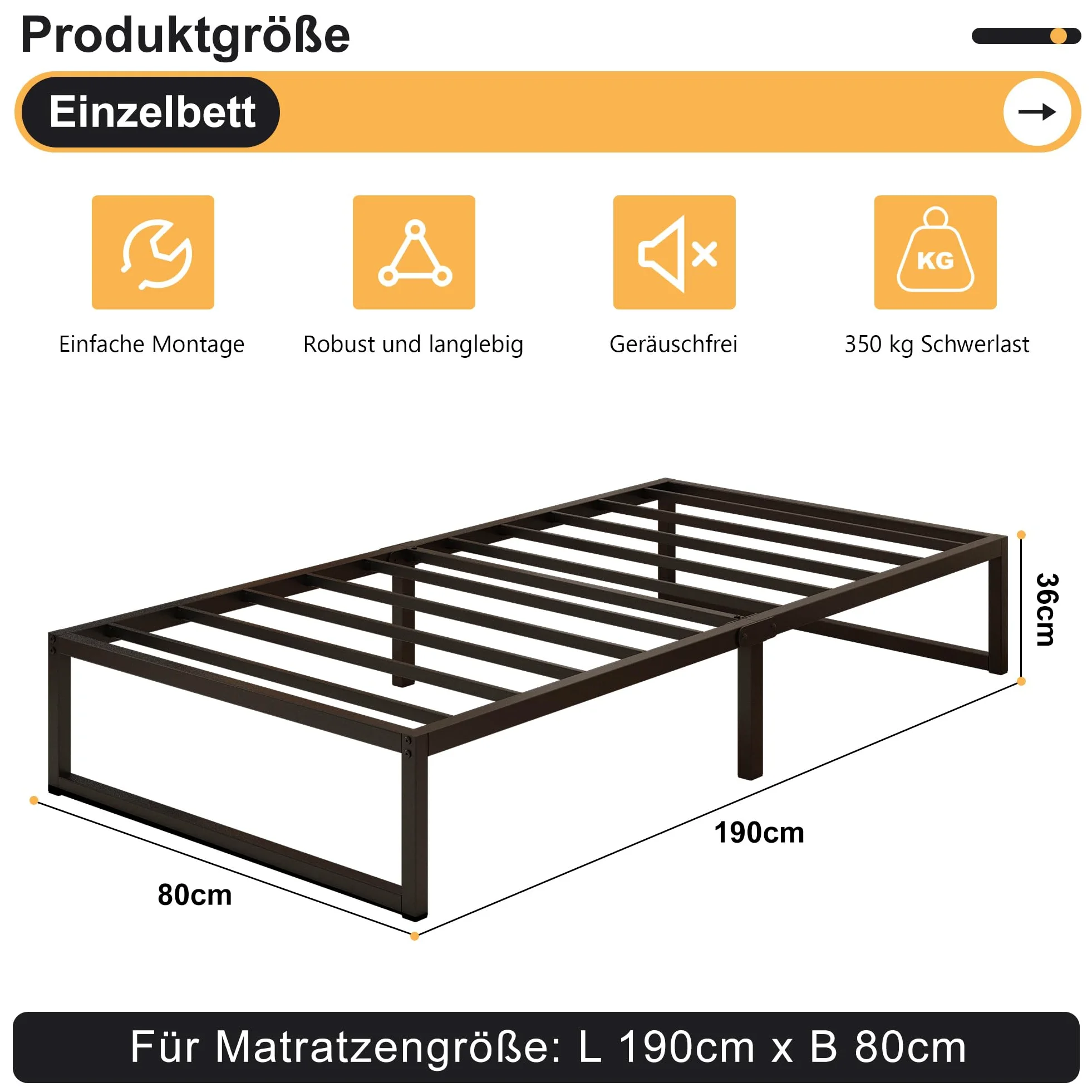 Yicensen Struttura Letto Singola 80x190 cm, Struttura Letto in Metallo, Supporto Solido, Facile da Montare, Design Silenzioso, Stile Moderno e Minimalista, Altezza 36 cm, Nero