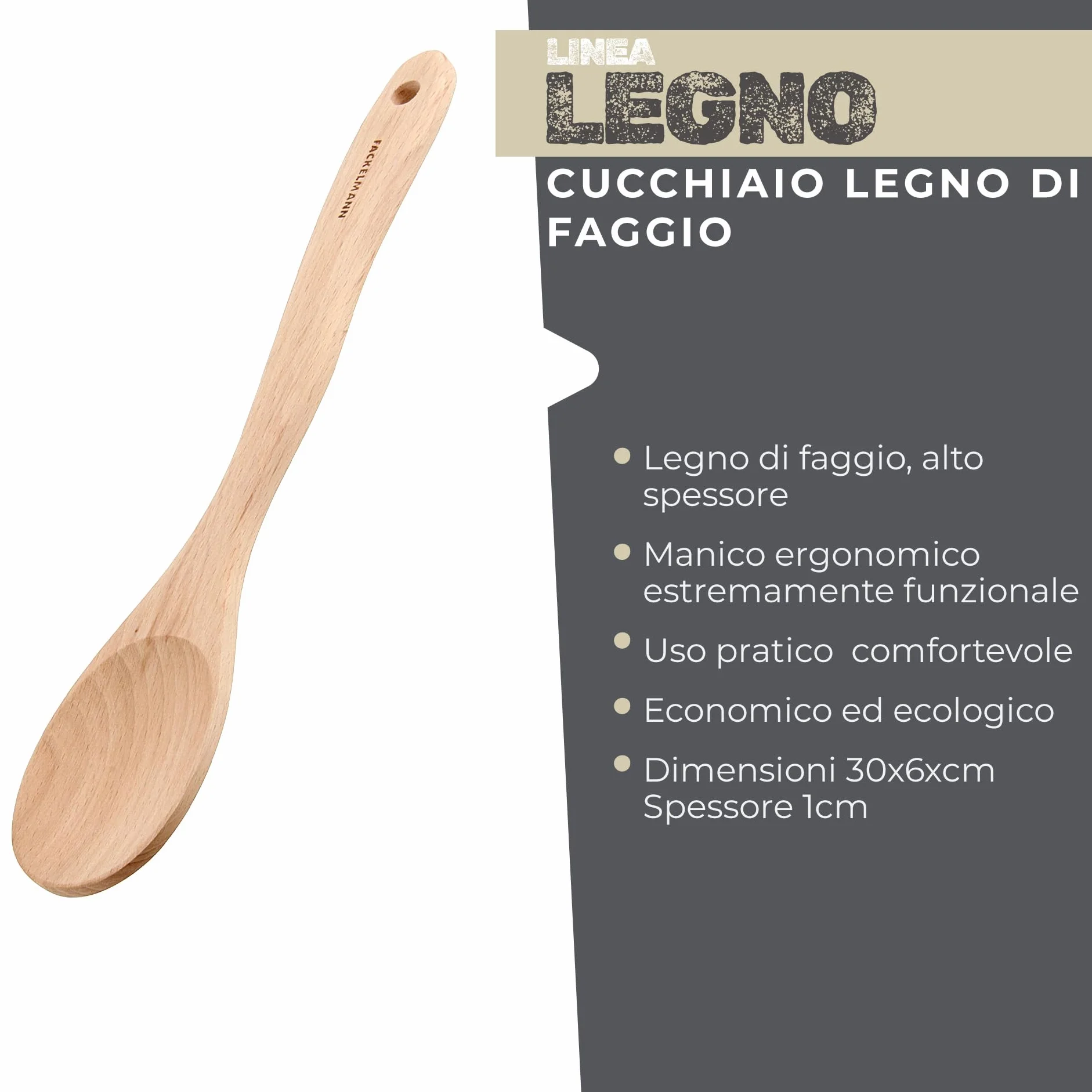 Fackelmann Cucchiaio da cucina in legno di faggio 30 cm per pentole antiaderenti