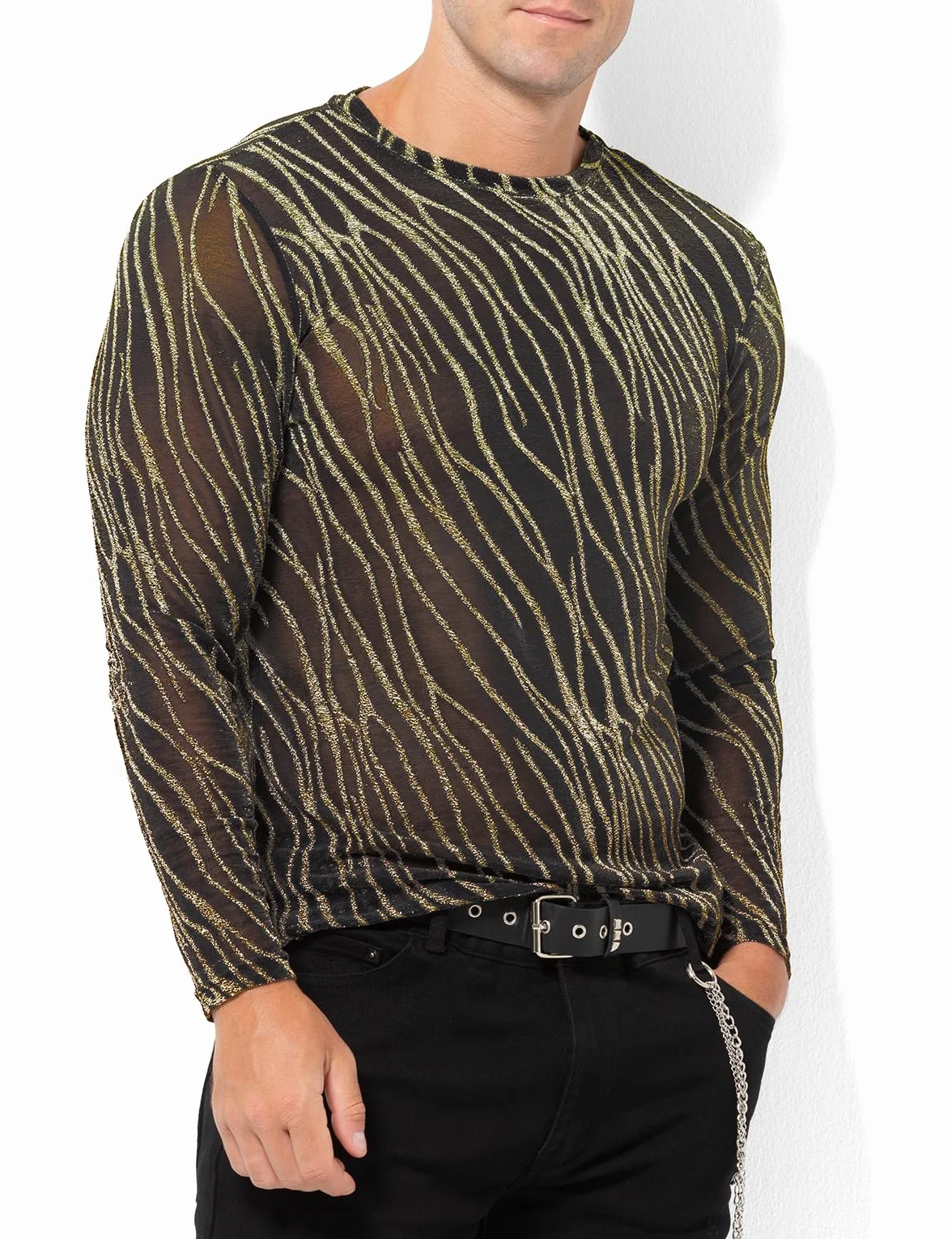 Casey Kevin Maglia Rete Uomo Manica Lunga Glitter Trasparente Sexy Camicia Body Maglietta Paillettes Discoteca Abbigliamento Mesh Shirt Fishnet Trasparenti Vedere Attraverso Tops Clubwear Party Night