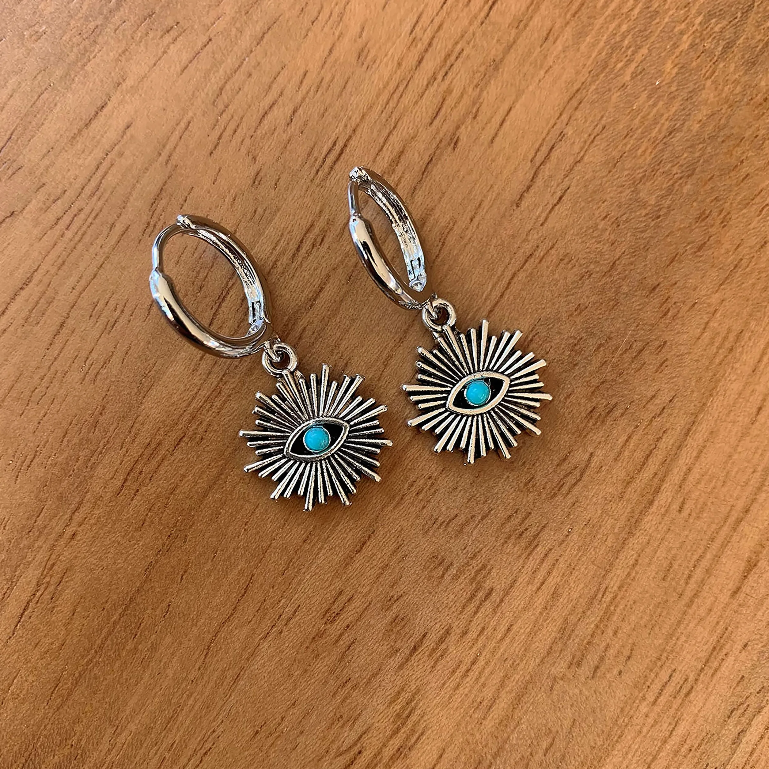 Orecchini Donna Cerchio Piccolo Placcati Platino Ciondolo Sole Etnico Fiore del Sole Argento Antico con Pietra Turchese Amuleto Protezione ASTER ALHELÍ