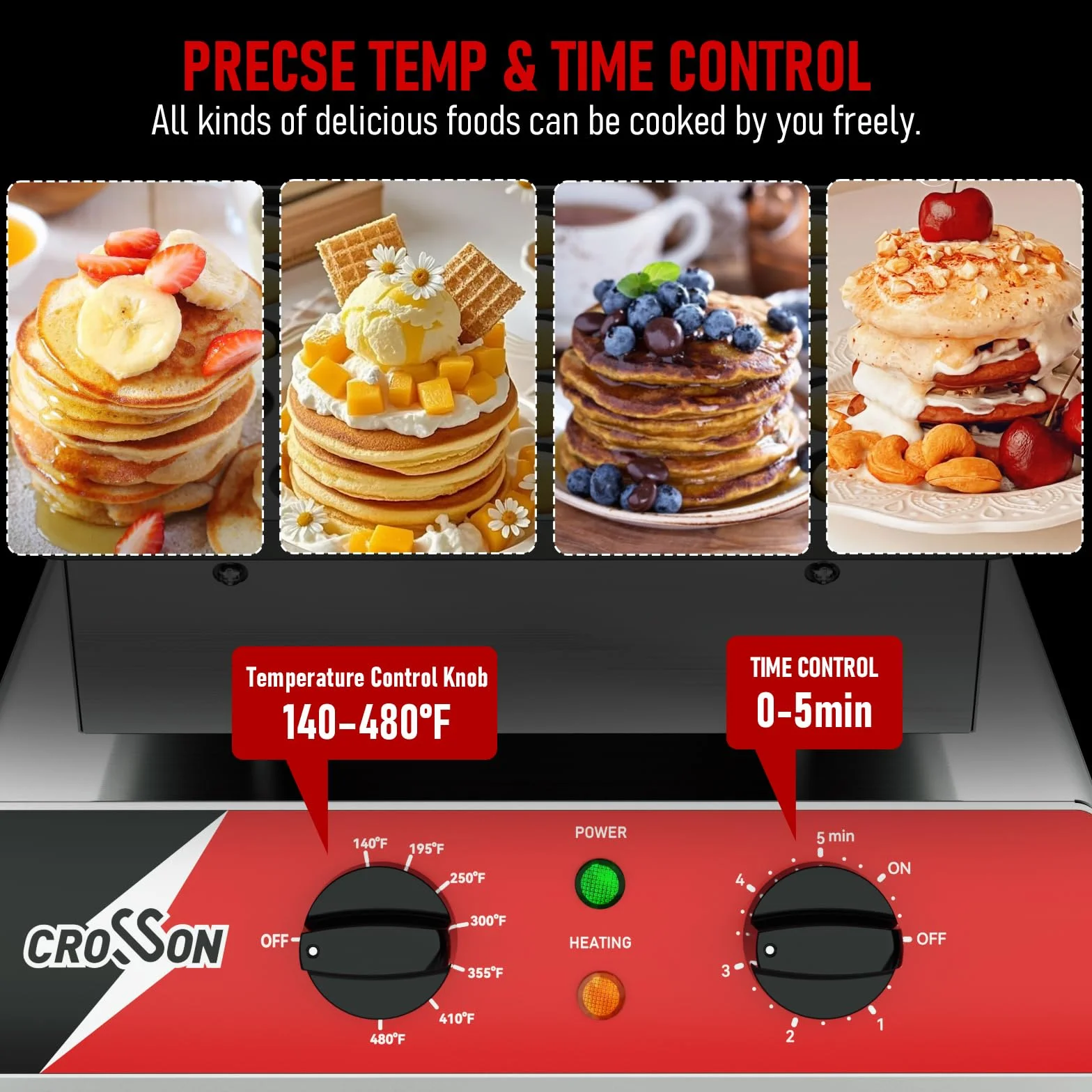 CROSSON Macchina per Mini Pancake 25 Fori 43 mm 850W Antiaderente Controllo Temperatura per Dorayaki Poffertjes Muffin