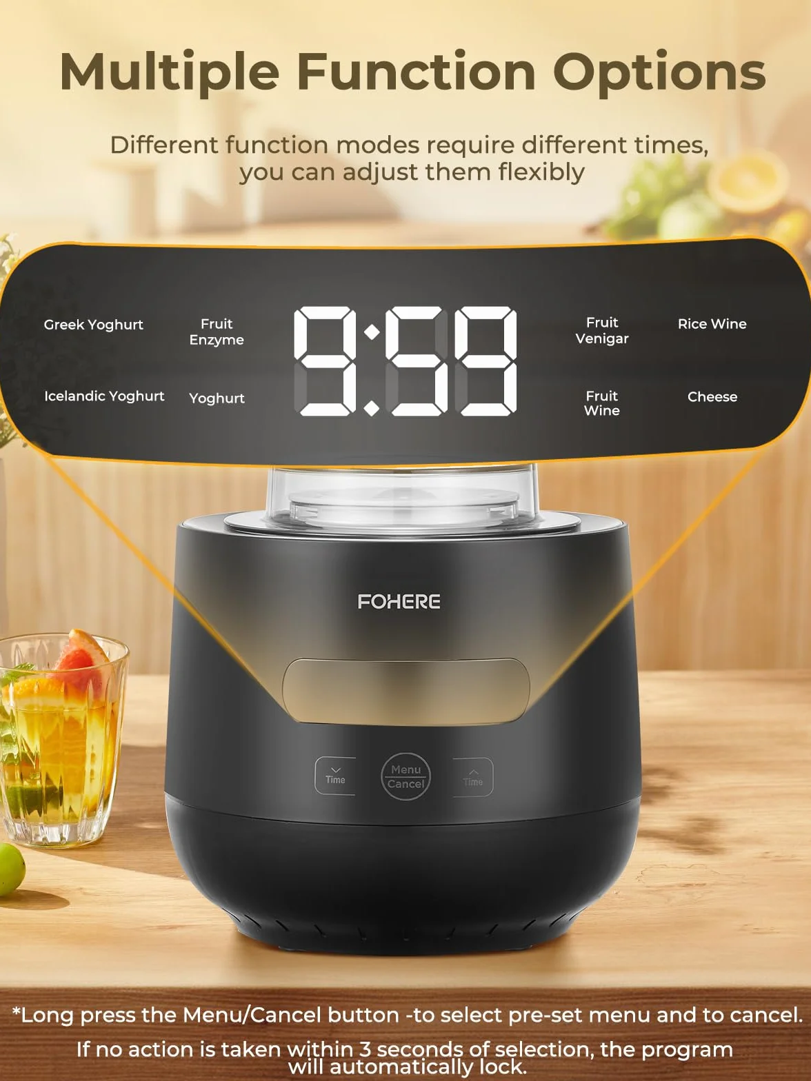 FOHERE Yogurtiera Elettrica con 2 XXL Vasetti da 2000 ml e 1400 ml, 4 * 125 ml Contenitori con Coperchio, 8 Programmi Preimpostati, Accessori per Yogurt Greco, Timer Digitale, 100% BPA Free
