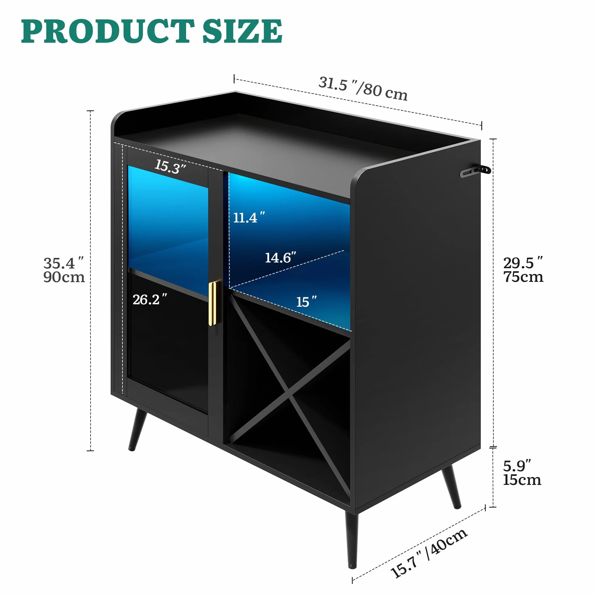 YITAHOME Piccolo mobile da bar con luci a LED, porta in acrilico e portabottiglie per vino, caffetteria con portabicchieri, credenza per casa, bar, sala da pranzo, soggiorno o cucina, nero