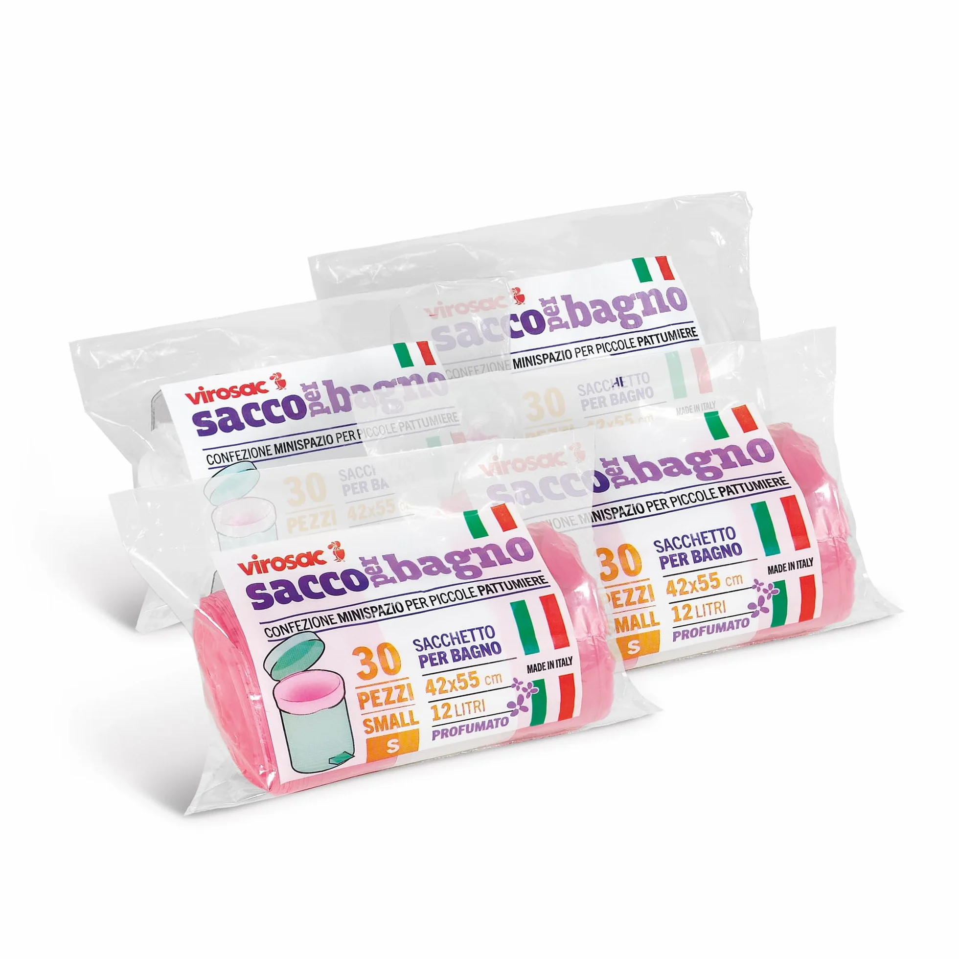 VIROSAC Sacco Bagno 42x55, 30 sacchetti per rotolo, kit da 4 rotoli, 2 rotoli rosa + 2 rotoli bianchi