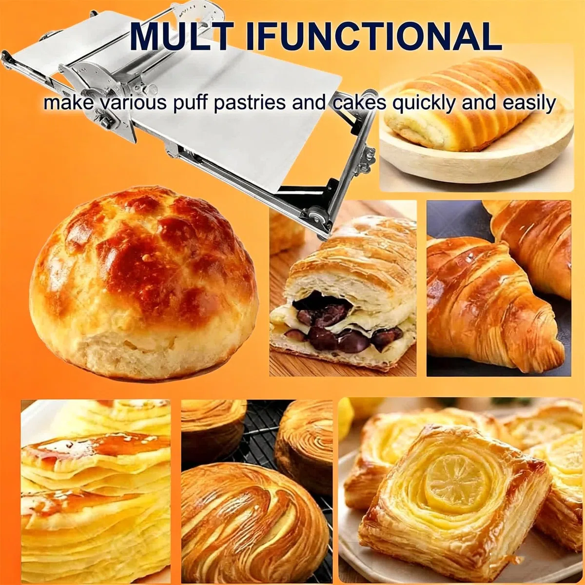 Macchina per stendere la Pasta Automatica Pieghevole, in Acciaio Inox, da Tavolo, per Croissant, Fondente, Pizza, sfogliatrice, Spessore Regolabile, 130x57x23 cm