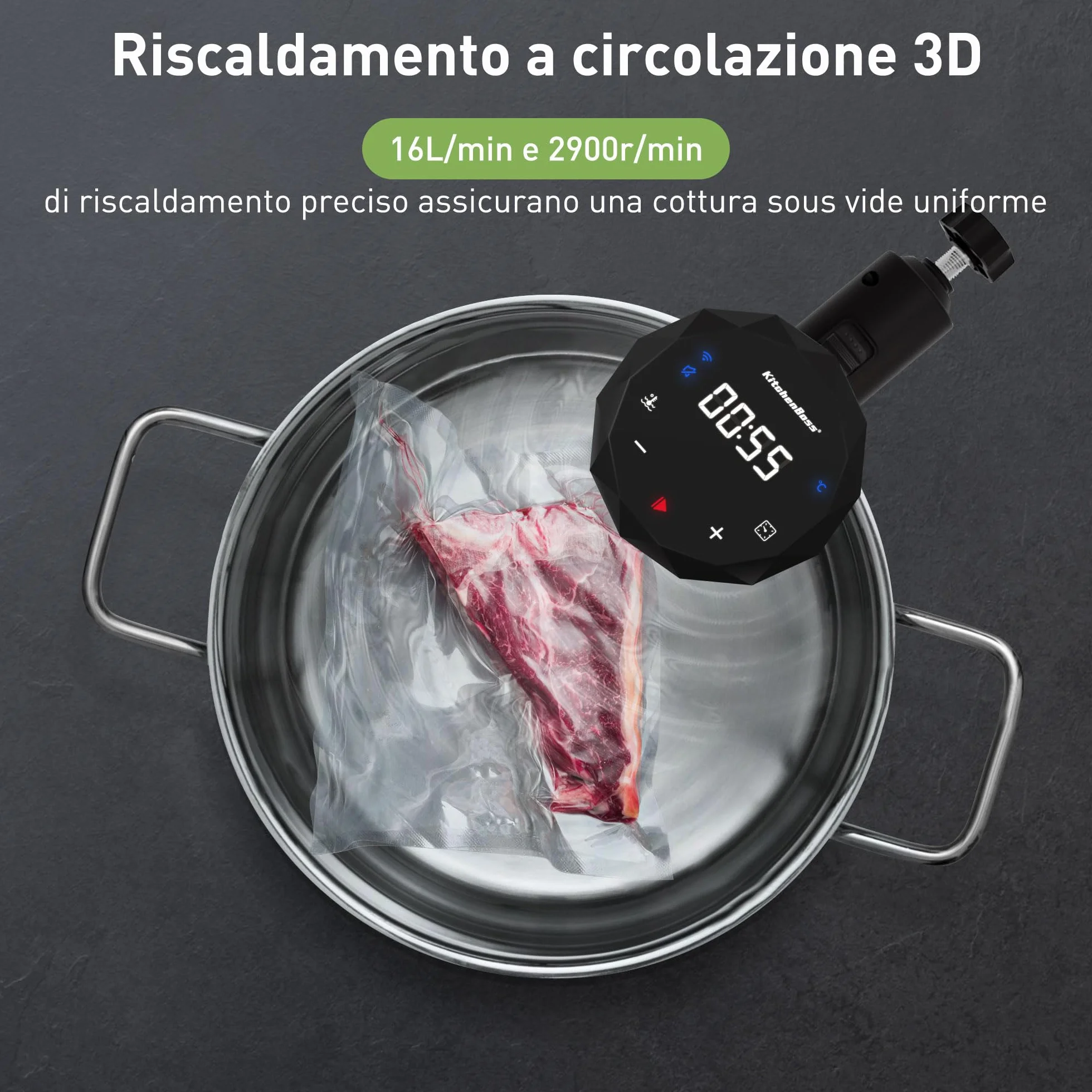 KitchenBoss WiFi Sous Vide Roner 1100W IPX7 40℃-90℃ LED Display Ultra-Silenzioso
