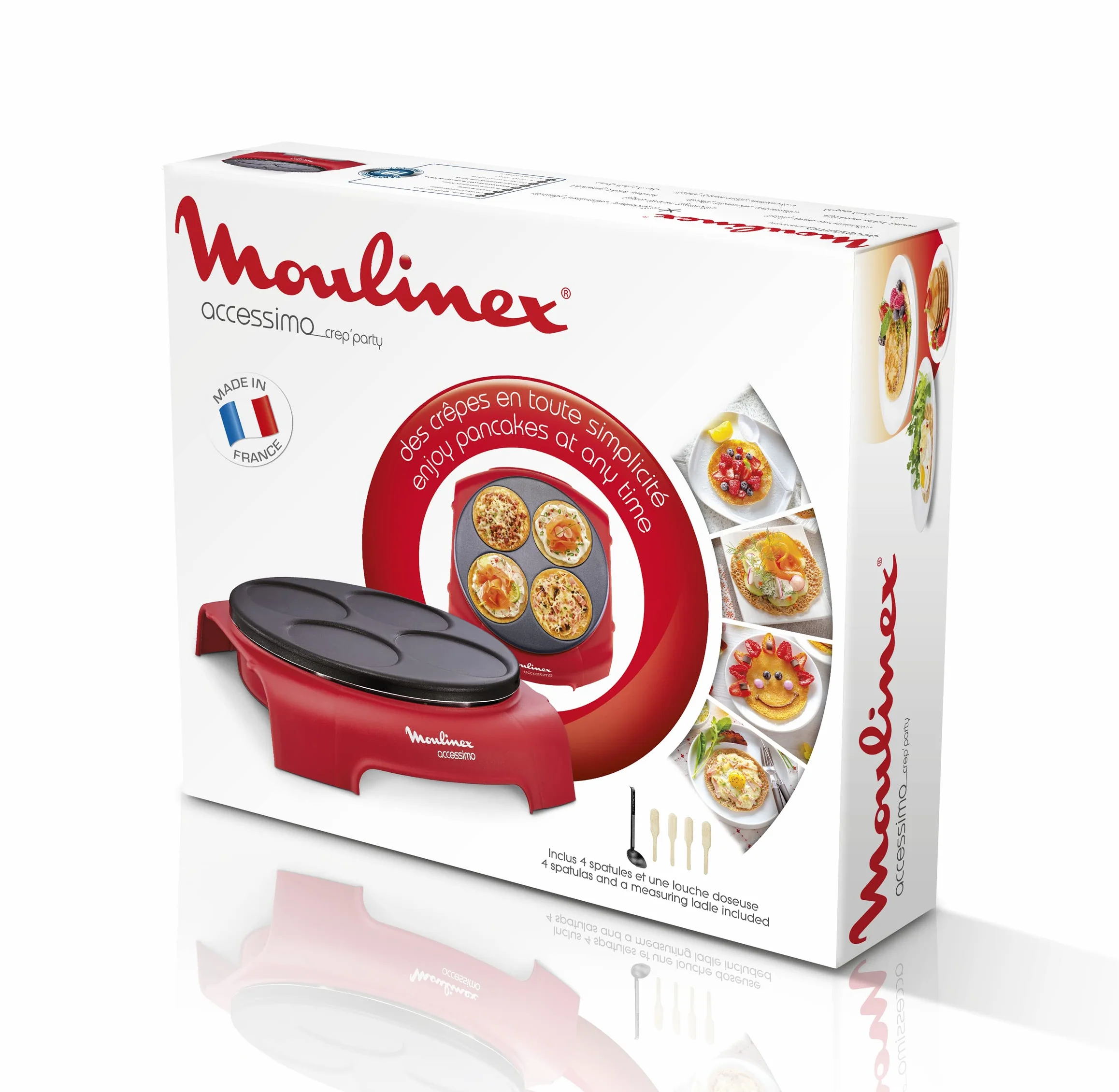 Moulinex Crepera Accessimo Placa Prometal Antiadherente 720W 4 creps espátulas cucharón almacenamiento vertical