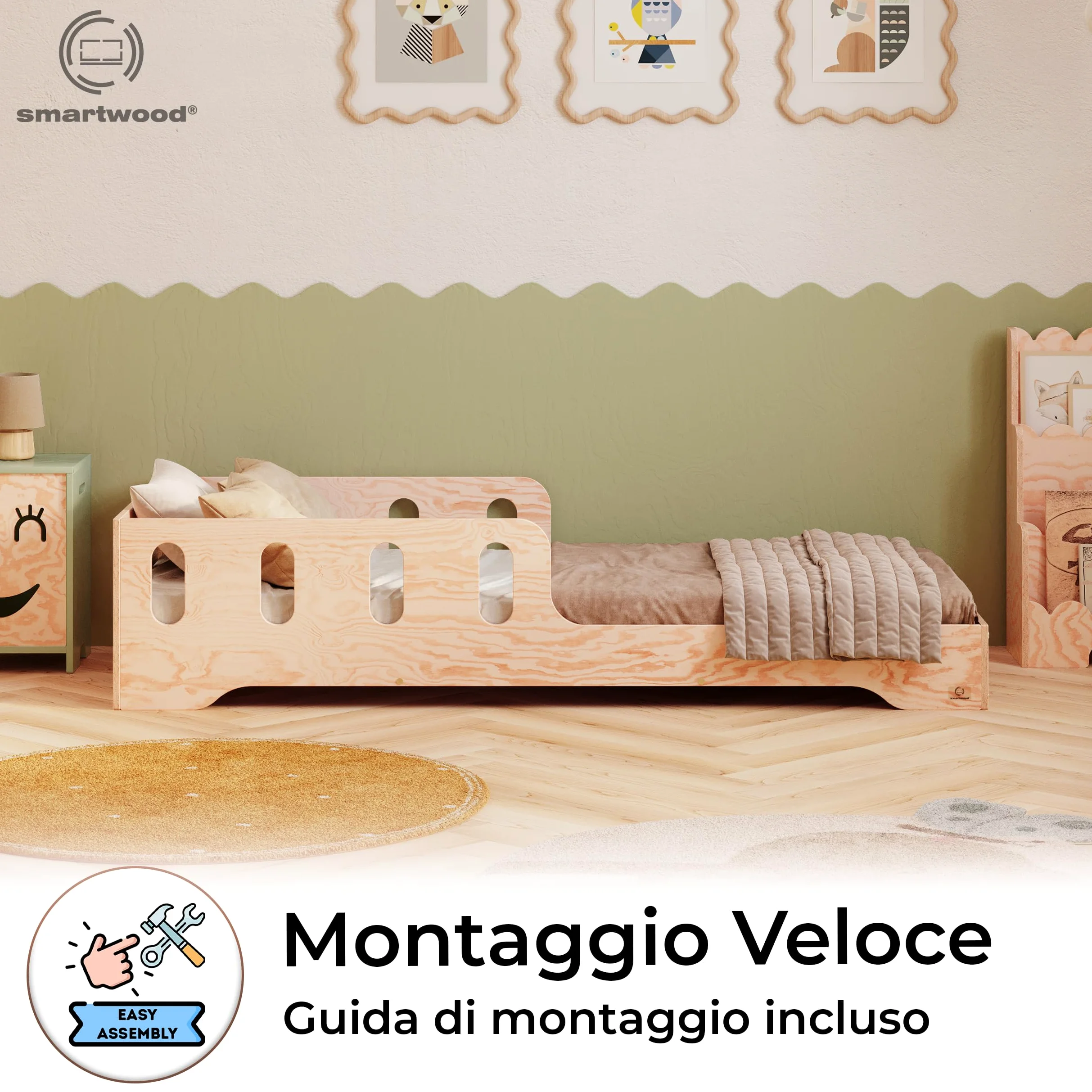 smartwood Letto Montessori Bambini 80x160 cm - Letto Singolo in Legno FSC con Sponda Anticaduta e Doghe Flessibili, portata 230 kg - Per Bambino e Bambina - Montaggio semplice TILA6
