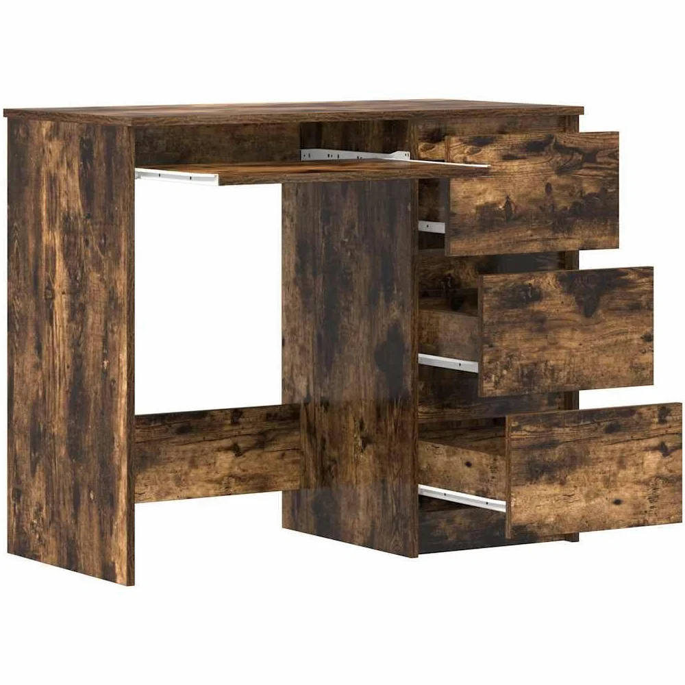 Scrivania in legno di quercia affumicata, 90 x 45 x 76 cm, con 3 cassetti, scrivania da ufficio per computer, scrivania per ufficio, postazione di lavoro, spazio per raccoglitori e documenti
