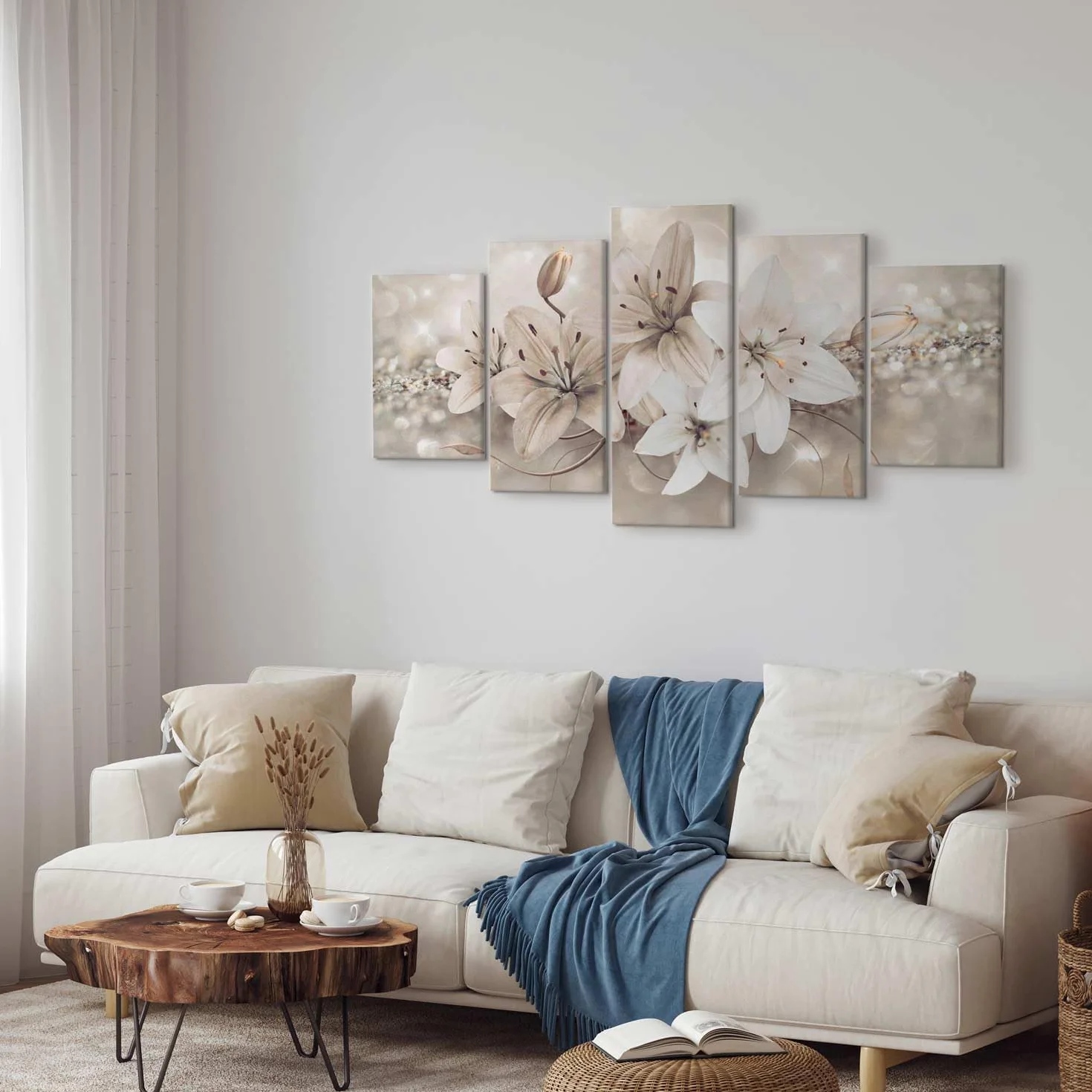 B&D XXL - Quadro Fiori Giglio 150x75 cm 5 pezzi Stampa su tela con Struttura - Quadri Moderni Soggiorno Grandi - Pannelli Decorativi per Pareti Decorazione da parete - Astratto Natura b-A-0297-b-n