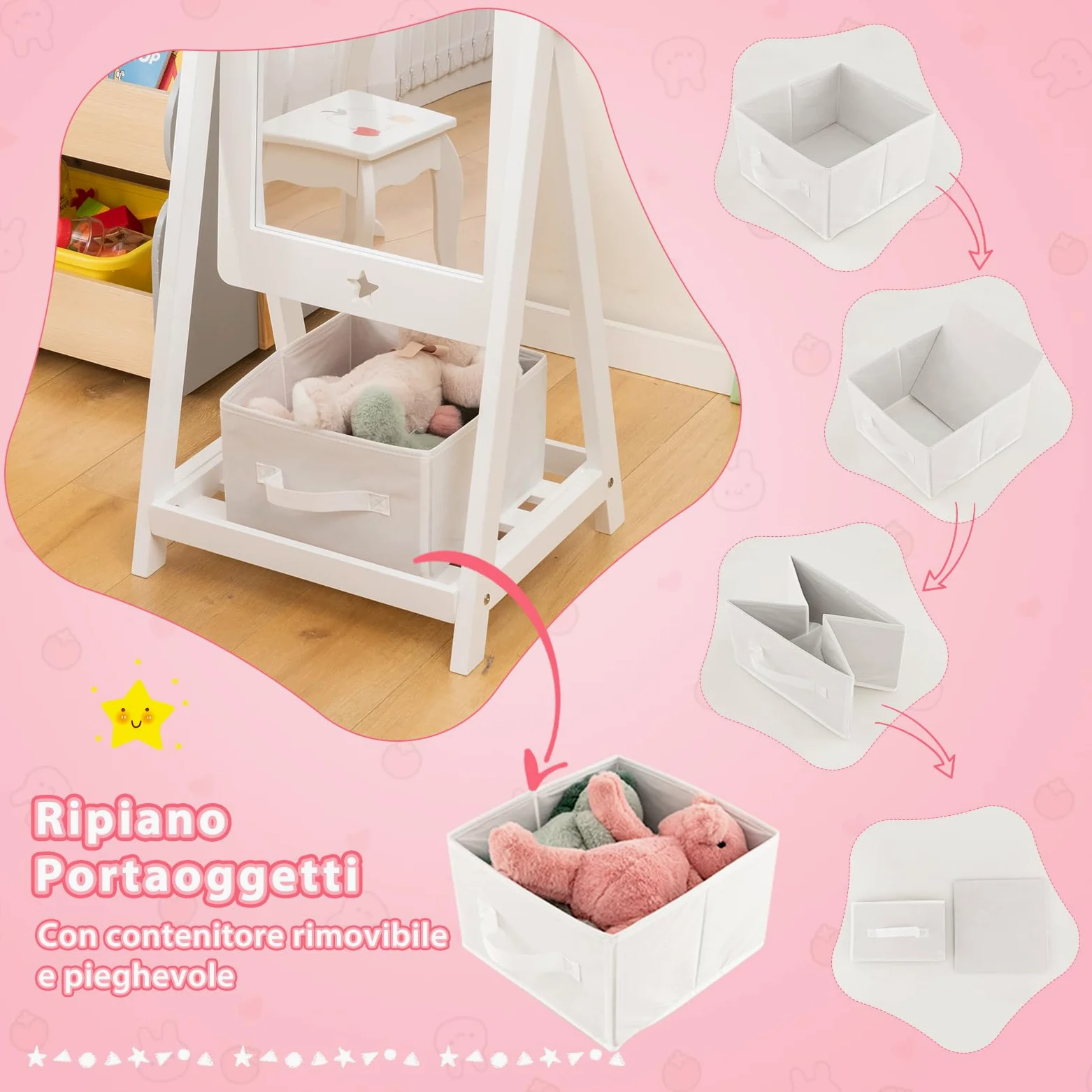 COSTWAY Specchio da Terra per Bambini in Legno con Scaffale Contenitore, Specchio per Cameretta Girevole con Cesto Ripiegabile, 45 x 40 x 112 cm, Bianco