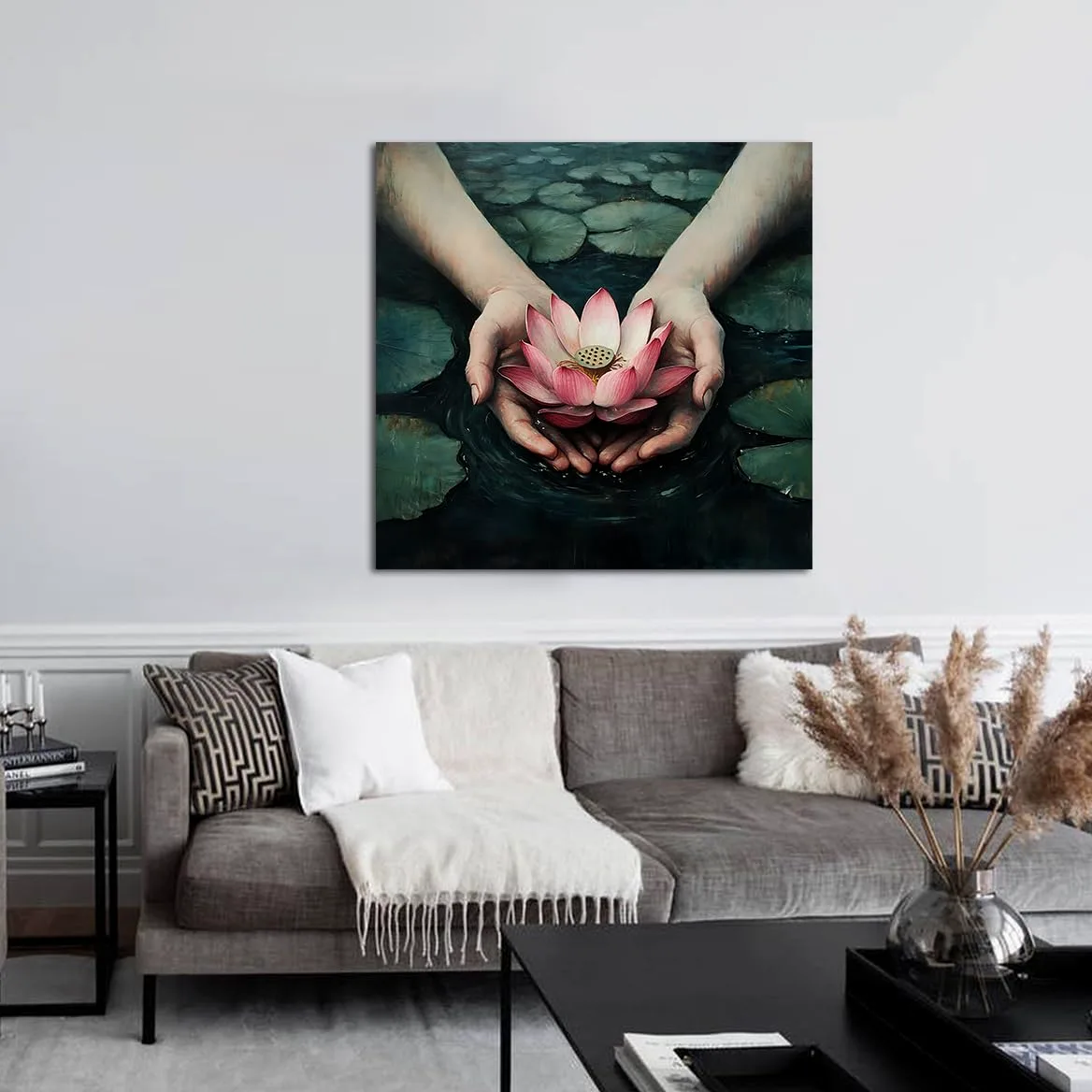 YUNART Tela pittura da tela arte murale con mano ninfea laghetto di fiori decorazioni murali per soggiorno cucina bagno ufficio arredamento della casa 90x90cm Telaio interno