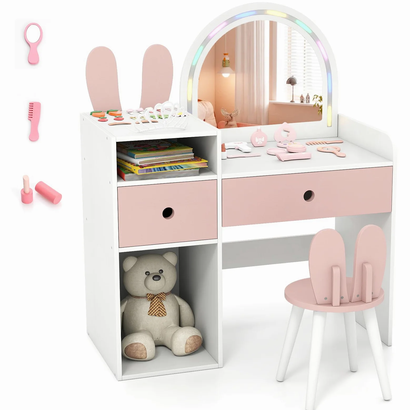 LIFEZEAL Specchiera Trucco per Bambina 3+Anni, con Luci, Sgabello, Sedia, Toeletta Tavolo, Forma di Coniglio, Postazione Make up, Vanity, Cassetti, Scomparti Aperti, Accessori, Cameretta (bianco)