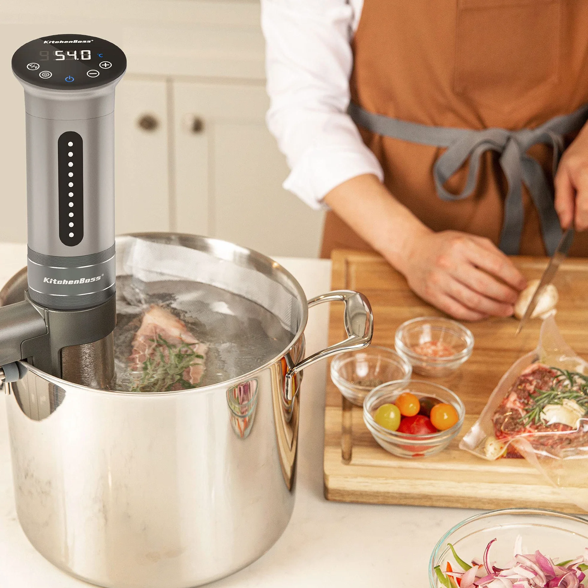 KitchenBoss Sous Vide Roner Cucina a Bassa Temperatura Slow Cooker Circolatore Termico Professionale IPX7 Impermeabile Timer Touch Screen Argento