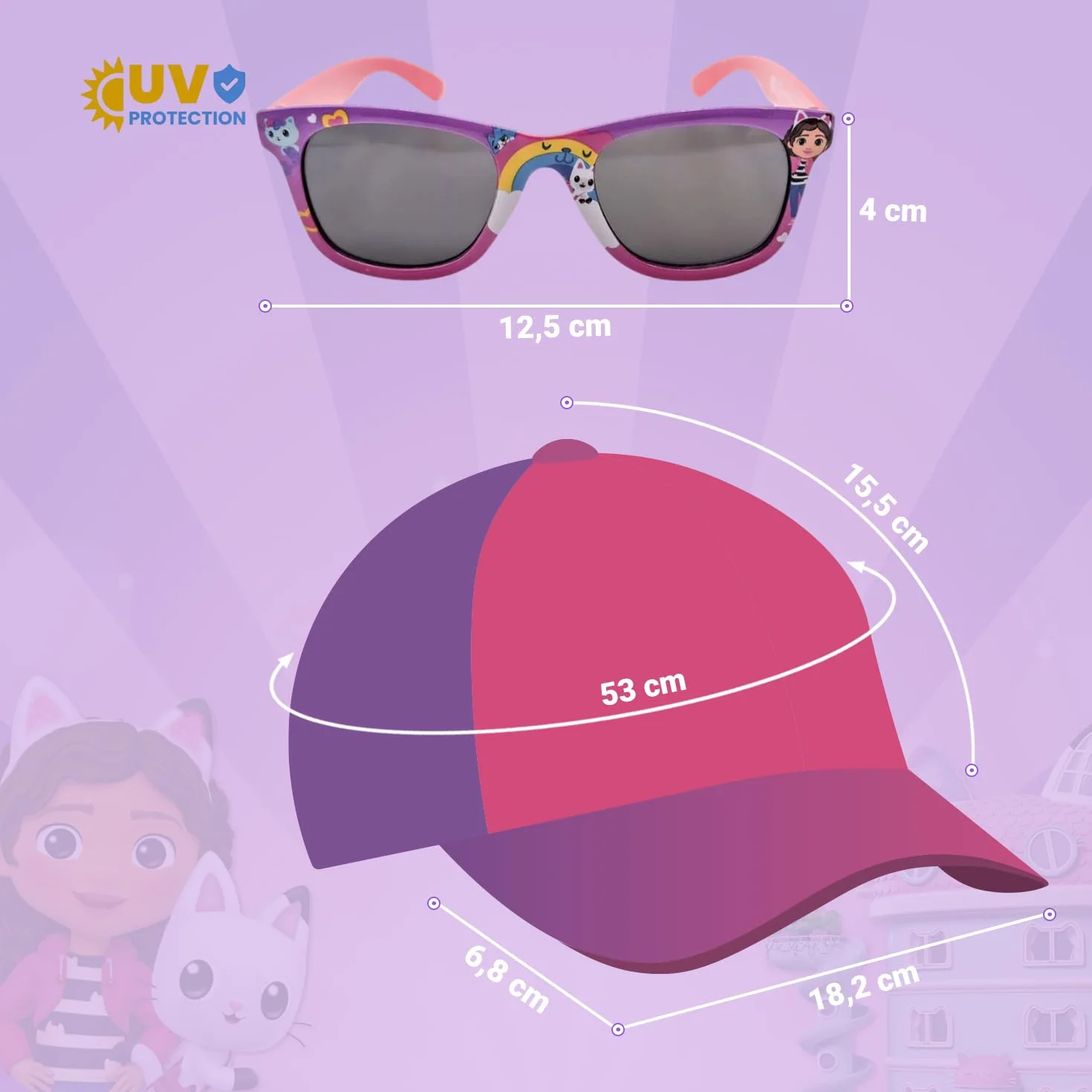Cappellino e Occhiali Unisex per Bambini Gabby's Dollhouse, Design Originale, Regolabili e Leggeri, Ideali per L'Estate e per la Protezione Solare.