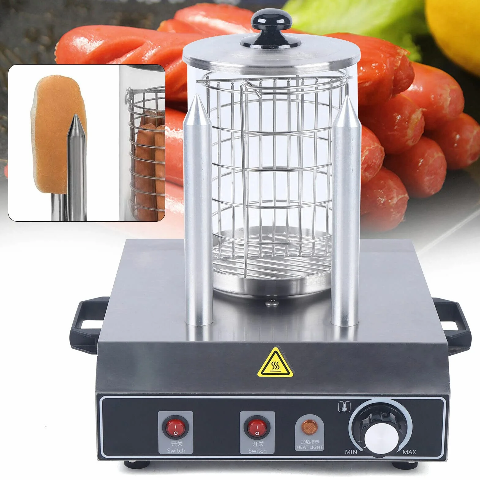 Riscaldatore Salsicce Elettrico Hot-Dog Macchina Professionale Con 2 Spiedini Riscaldanti Ristorante Per Salsicce Panini Elettrodomestici