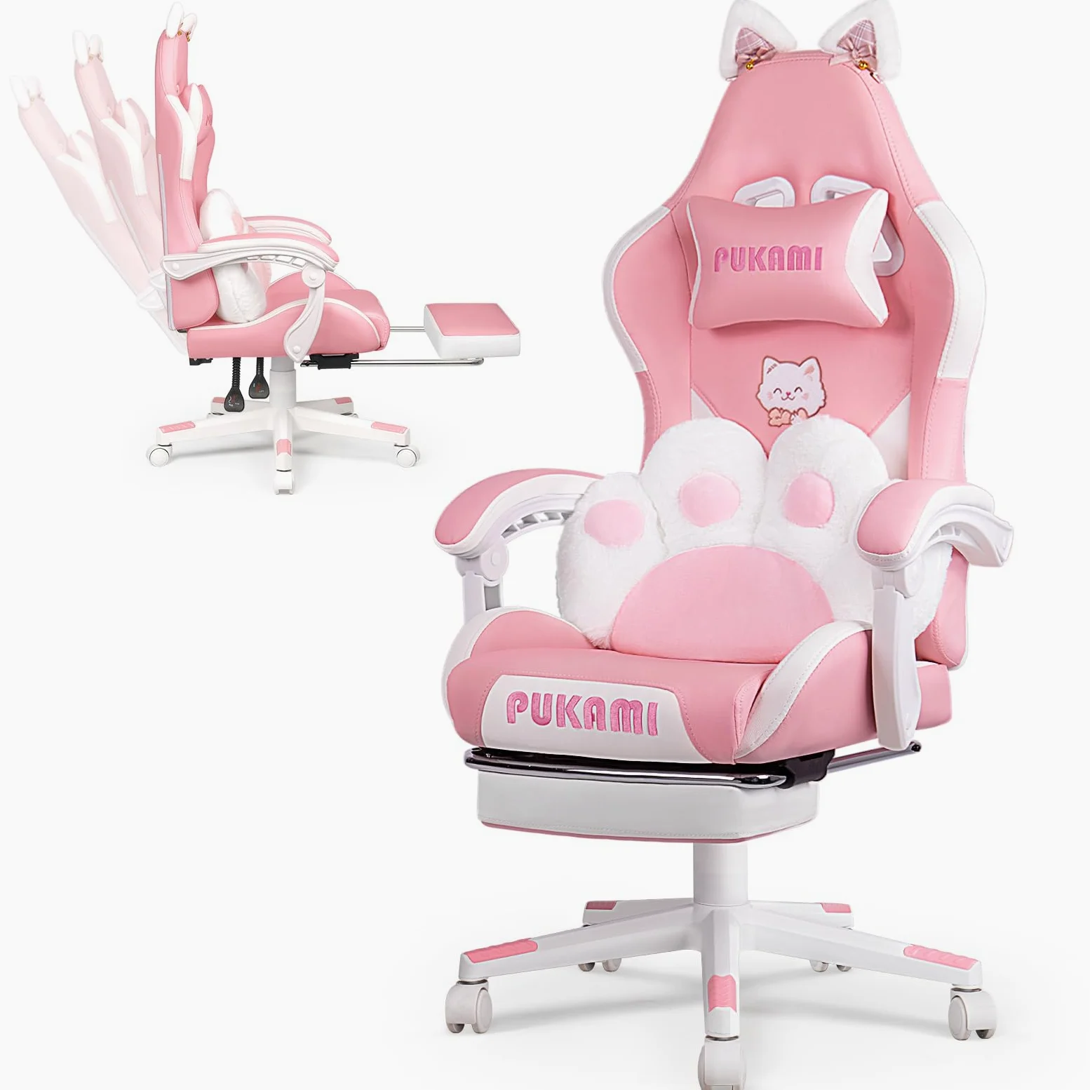 Waleaf Sedia Gaming Rosa, Sedia da Gaming Ergonomica con Regolabile Poggiapiedi, Poggiatesta, Supporto Lombare, Poltrona per Computer con Orecchie da Gatto, Altezza Regolabile