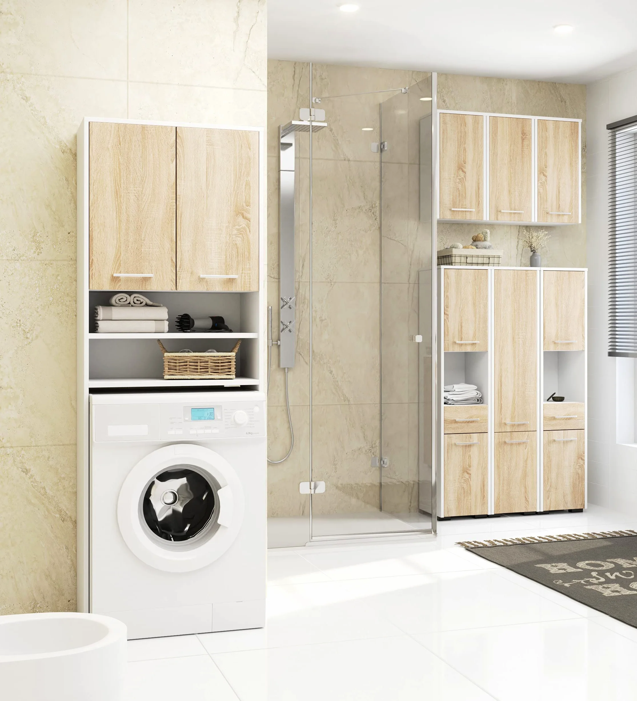 AKORD | Armadio Pensile per Lavatrice | Armadio di trasformazione con 2 ante, 2 Ripiani Aperti | Archivio per bagno | Cassettiera per lavatrice | 64x180x30 cm | Peso 30 kg | Bianco/Rovere Sonoma