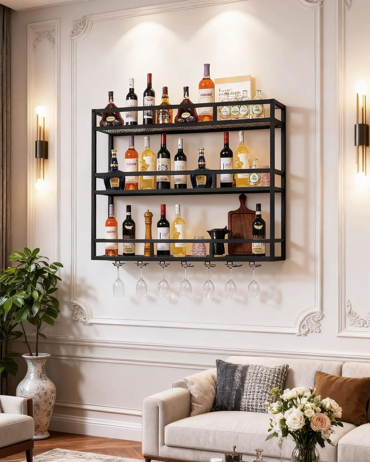 Portabottiglie da Parete con Portabicchieri a LED, Scaffale Moderno in Metallo 100 cm a 3 Livelli, Mensola Bar per Casa, Cucina e Locale Commerciale