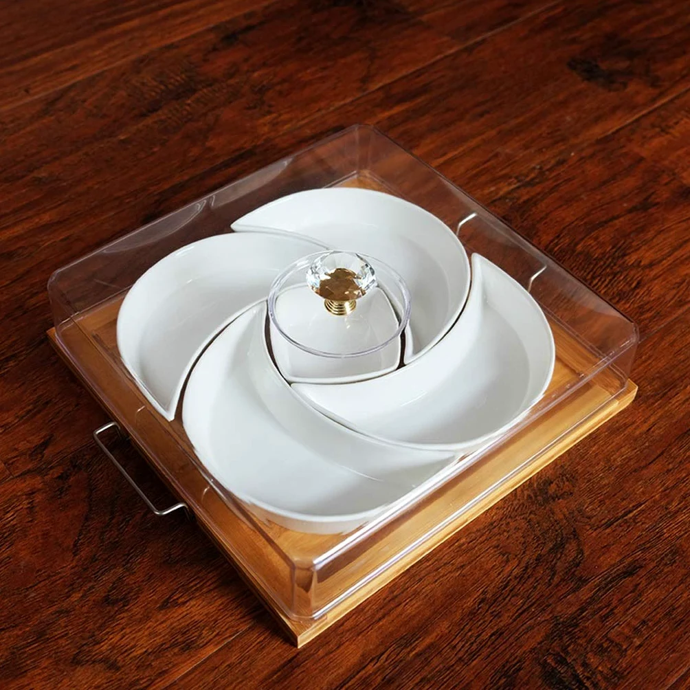 Separated Ceramic Dried Fruit Platter Square Snack Candy Nut Box Combination with Lid Snack Tray