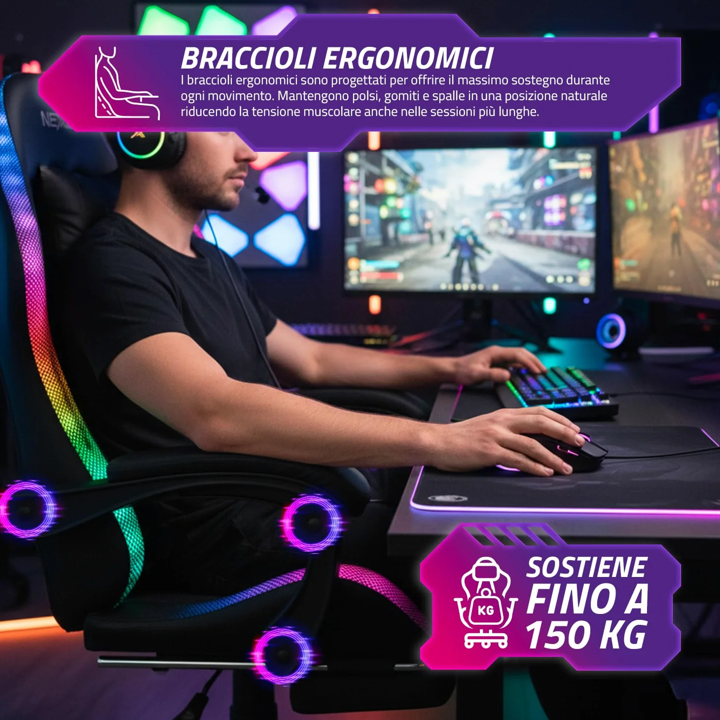 Wintem – – Sedia Gaming con Poggiapiedi Estraibile, Doppio Cuscino e Luci LED RGB USB per Comfort Totale e Design Futuristico Ideale per Gioco, Studio e Ufficio