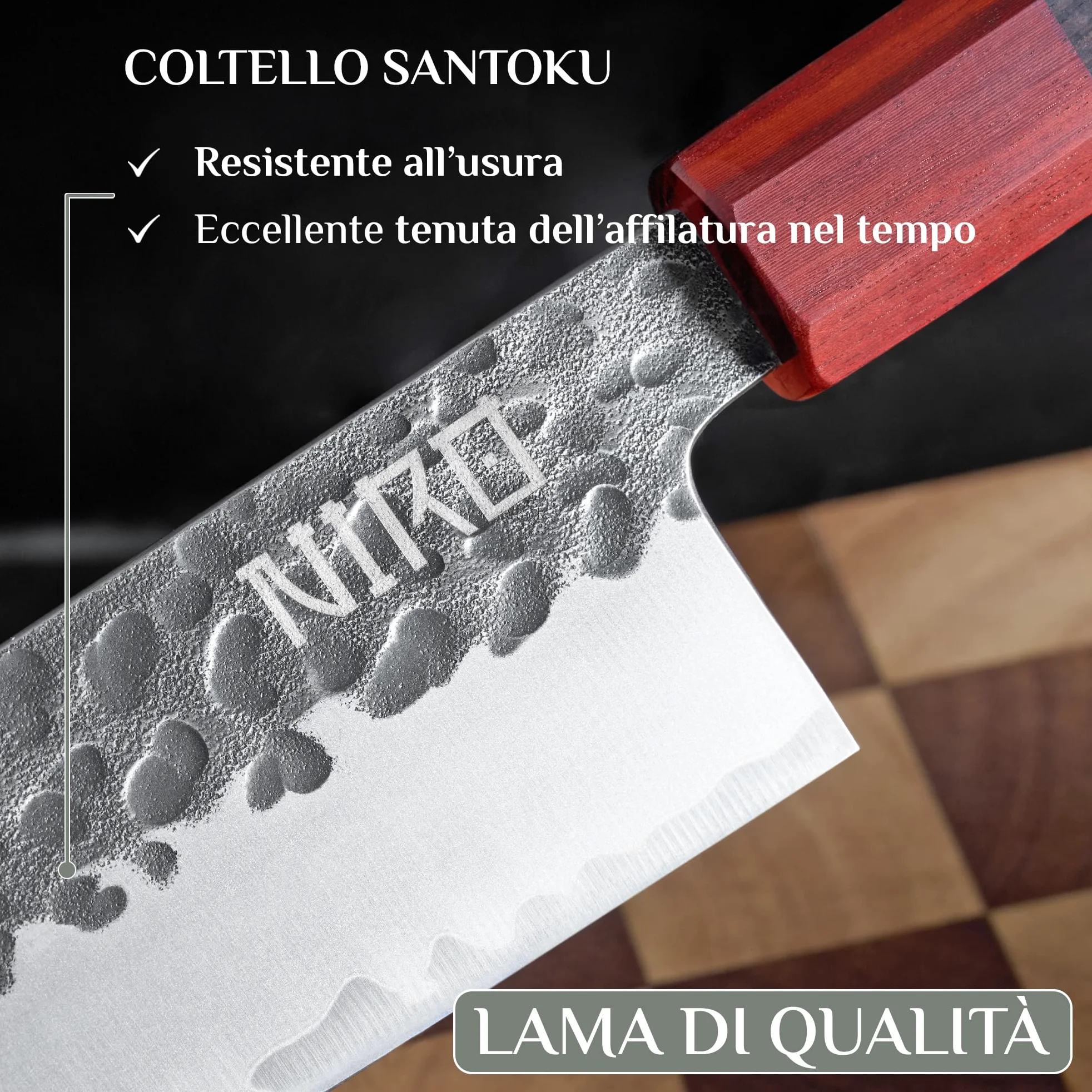 NIRO Coltello Professionale Giapponese Santoku in Acciaio Damascato, 67 Strati, Durezza 60 HRC, Manico Pregiato in Ebano e Sandalo, Bilanciamento perfetto, Resistente all’usura