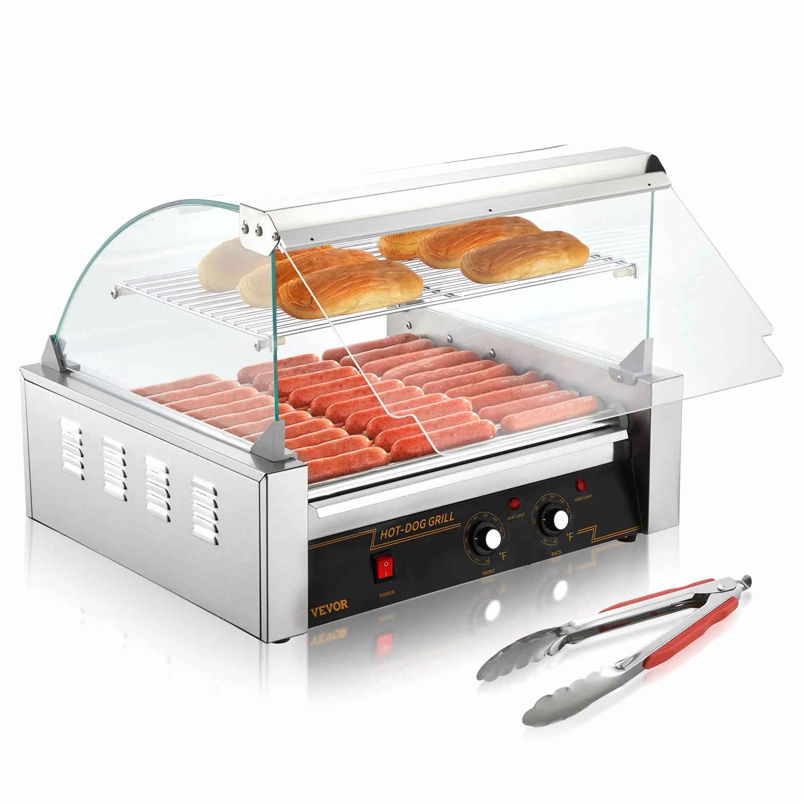 VEVOR Rullo per Hot Dog, 11 Rulli, Macchina per Grigliare Salsicce in Acciaio Inossidabile con Doppio Controllo della Temperatura, 30 Hot Dog, 2,2KW Coperchio Hot Dog Ripiano Riscaldante per Panini
