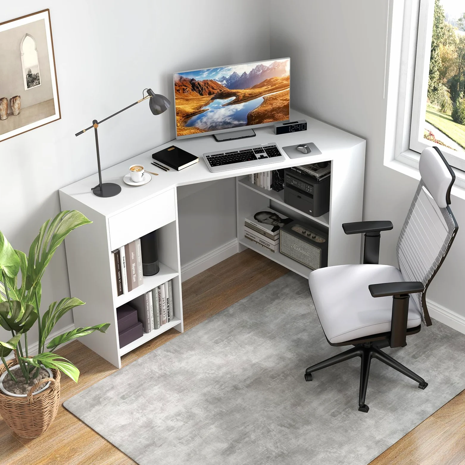 COSTWAY Scrivania ad Angolo per Computer 120 x 60 cm, Scrivania a Forma di L con Ripiani e Cassetto, Scrivania Angolare Gaming Salvaspazio per Ufficio, Studio e Cameretta, Bianco