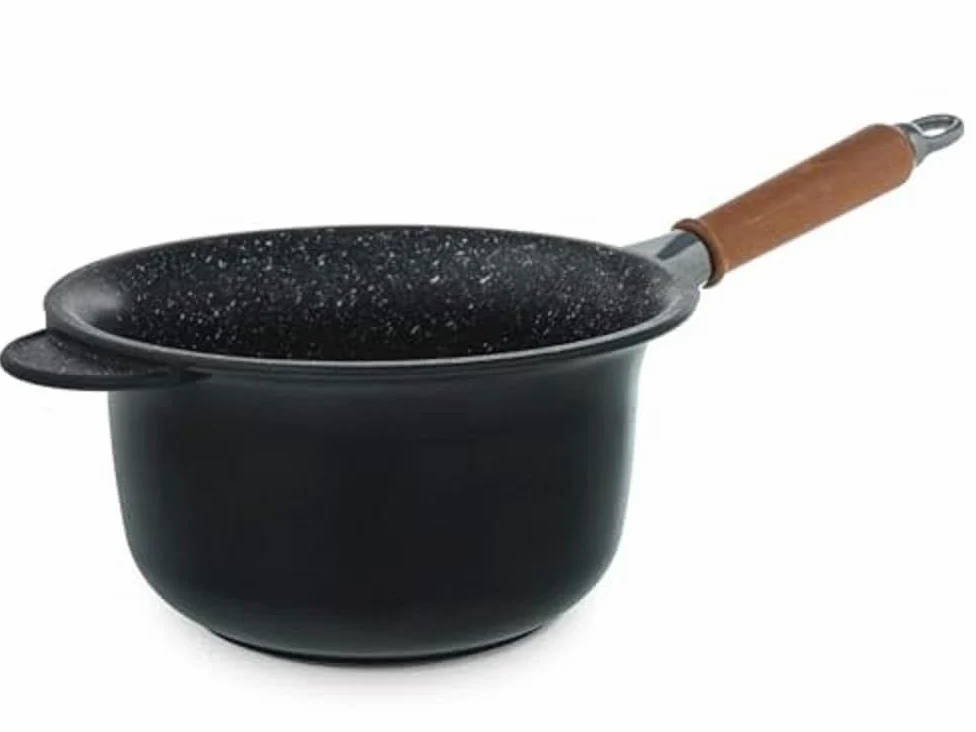 H&H Paiolo Pietra, Alluminio Pressofuso, Rivestimento Antiaderente 5 strati PFOA free con manico in legno estraibile cm 22