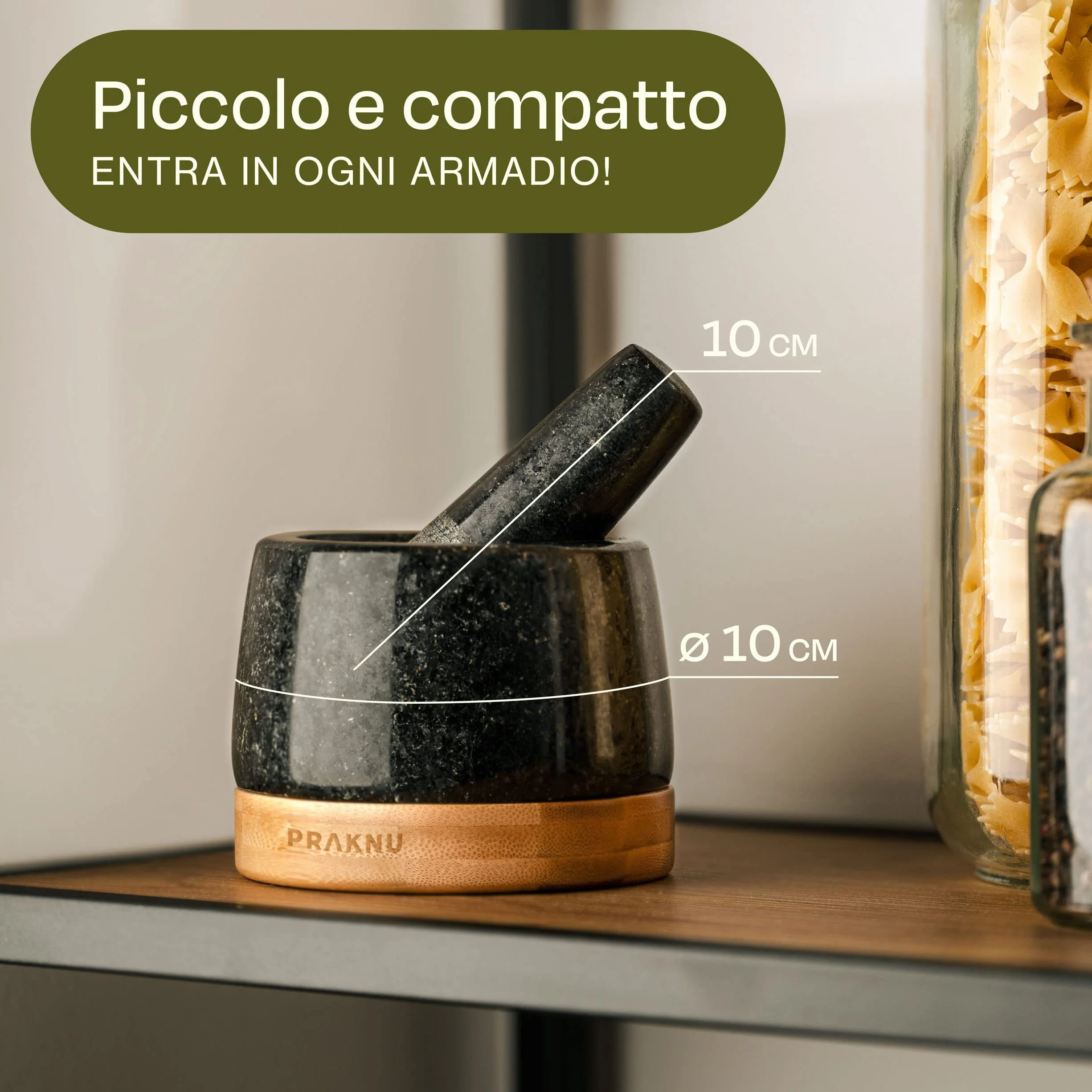 Mortaio con Pestello di Granito 120ml con Protezione per Superficie in Legno FSC®
