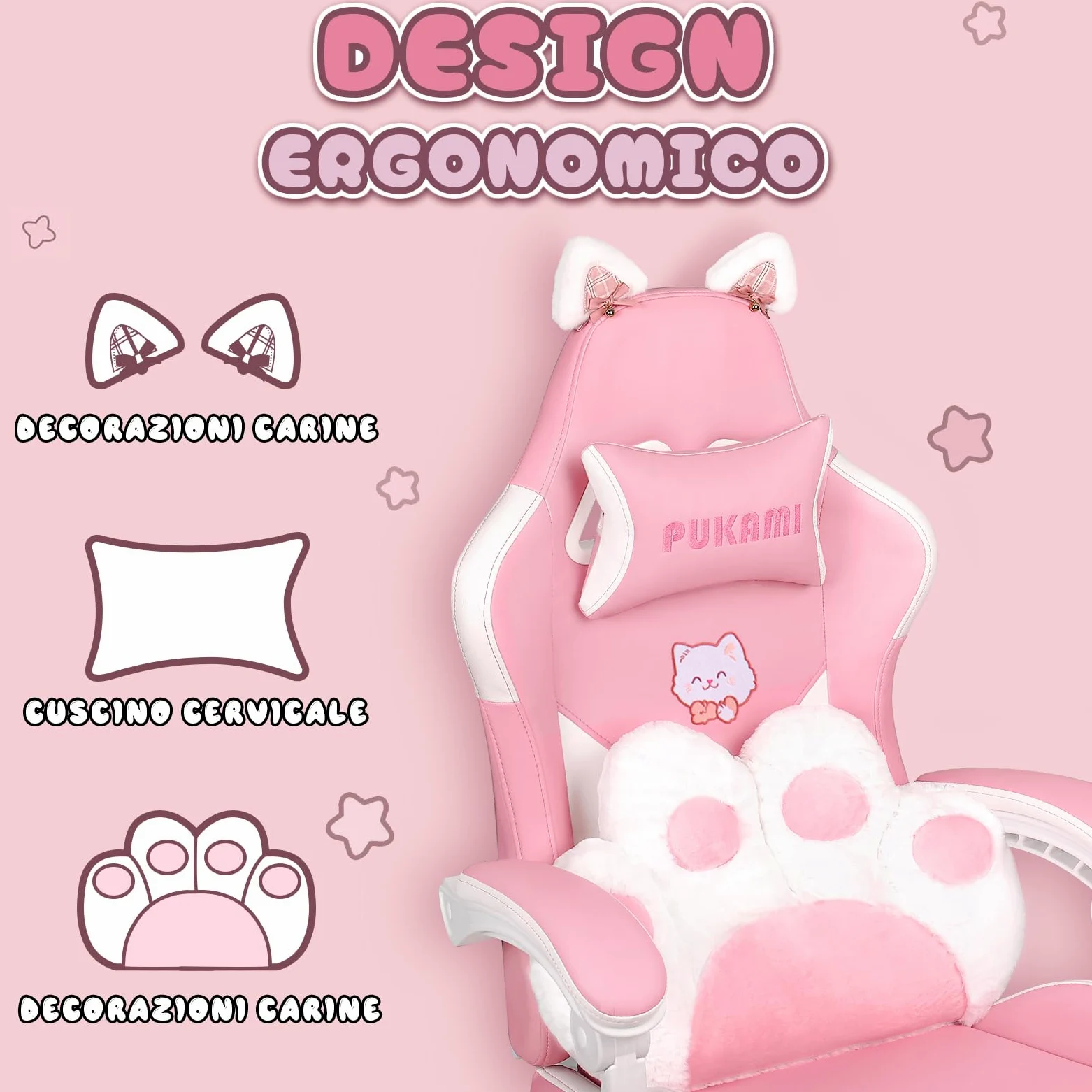 Waleaf Sedia Gaming Rosa, Sedia da Gaming Ergonomica con Regolabile Poggiapiedi, Poggiatesta, Supporto Lombare, Poltrona per Computer con Orecchie da Gatto, Altezza Regolabile