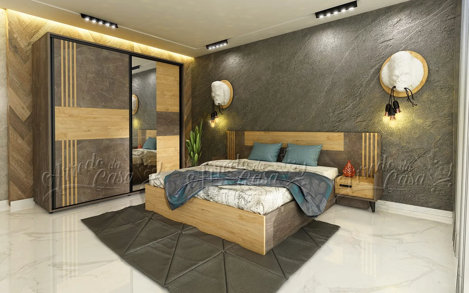Camera da Letto Matrimoniale Completa con Armadio 2 Ante Battenti Letto Matrimoniale con Comodini e Comò Dotato di 2 Cassetti 1 Anta e 1 Specchio Cemento Scuro e Quercia Dorata CDLU31