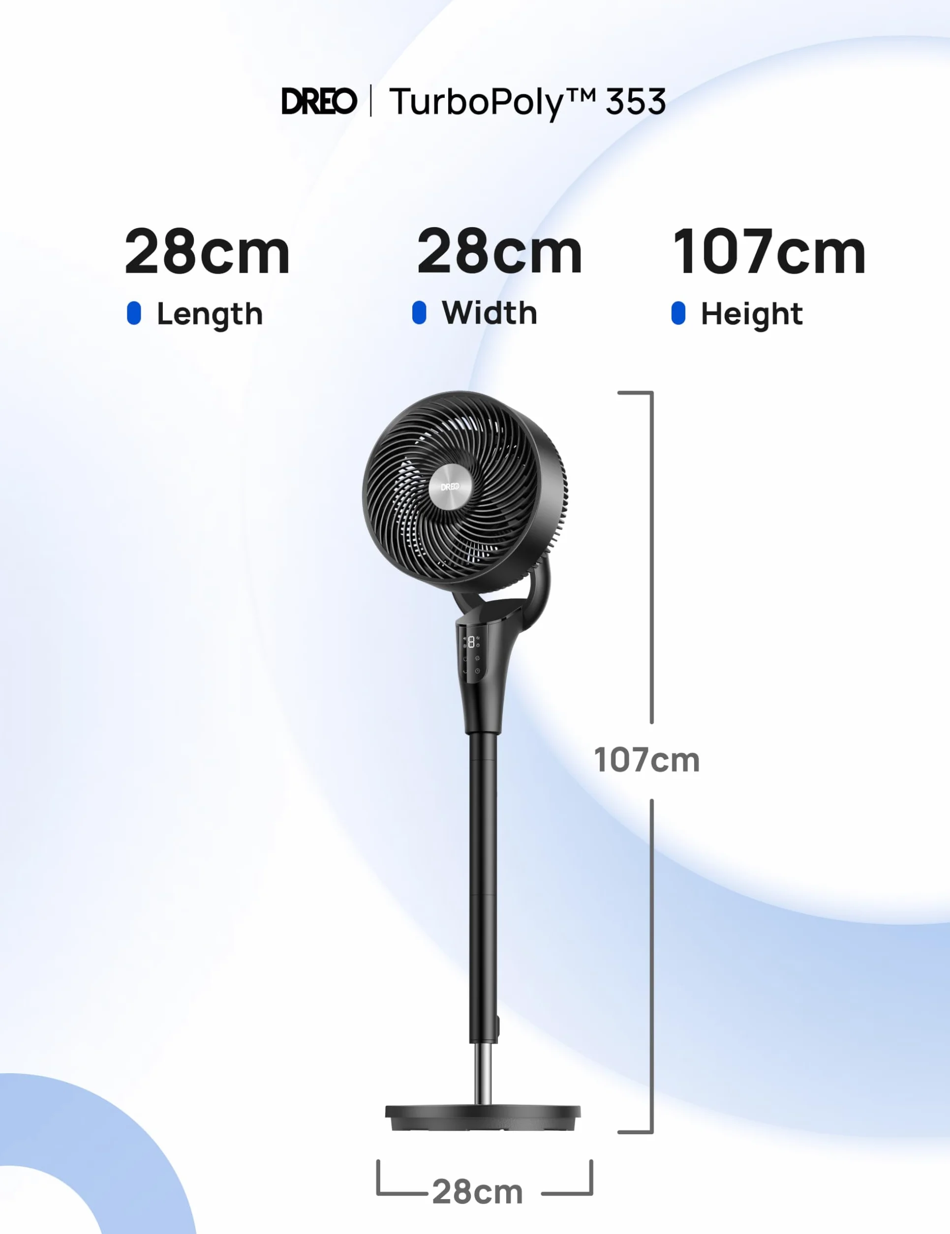 DREO Ventilatore a Piantana Silenzioso per Camera da Letto [Aggiornato], Flusso d’Aria 27m, 20dB, Oscillazione 90°, Motore DC, 8 Velocità, 3 Modalità, Altezza 96–106cm, Timer 8H, Inclinazione 105°