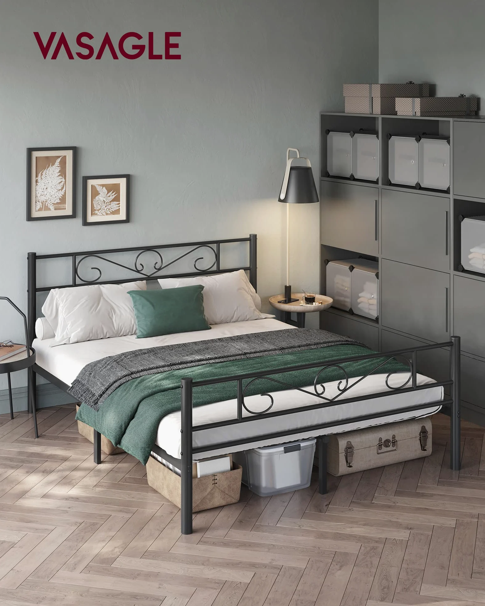 VASAGLE Struttura Letto Matrimoniale, Letto a Doghe in Metallo per Materassi di 160 x 190 cm, per Stanza di Ospiti, Montaggio Facile, per Spazi Piccoli, Nero Inchiostro RMB069B01