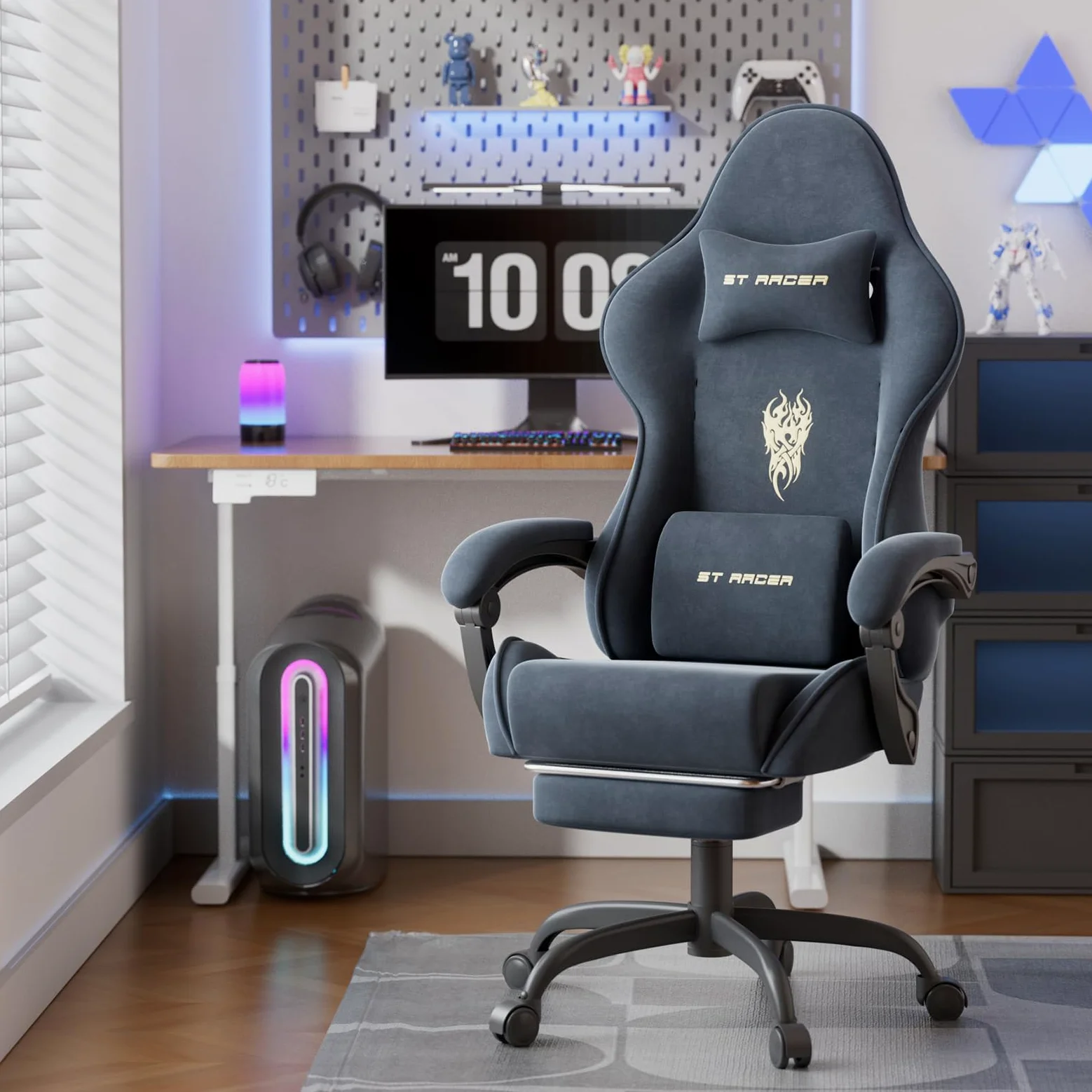Sedia da Gaming, Sedia da Ufficio Girevole con Supporto Lombare e Testa Regolabile, Braccioli e Poggiapiedi, Rivestimento in Tessuto Traspirante per PC Racing (Grigio)