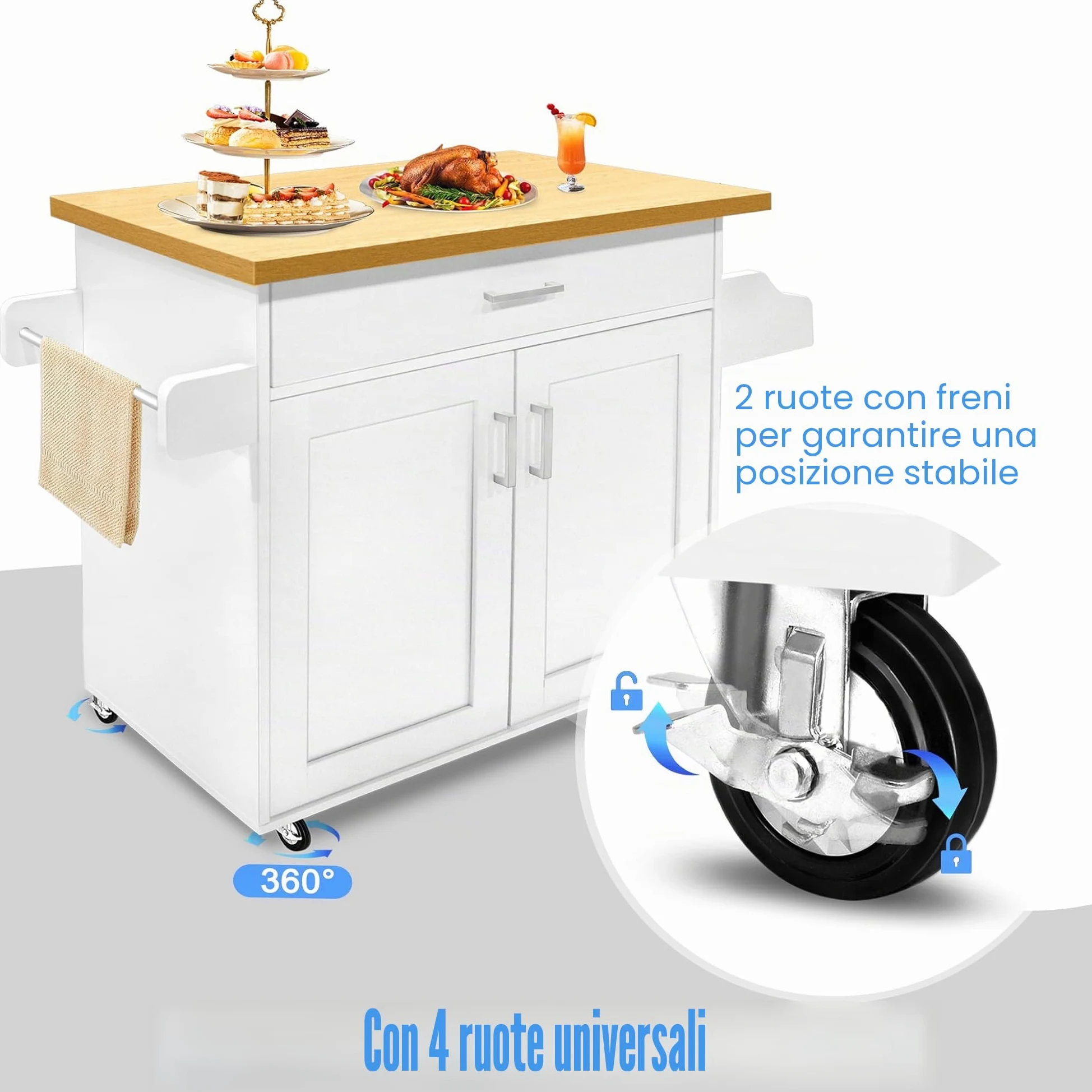 UISEBRT Carrello da cucina con piano di lavoro, isola da cucina in legno, mobile da cucina su ruote, carrello da portata con cassetto e ripiano, carrello da cucina in stile rustico, bianco