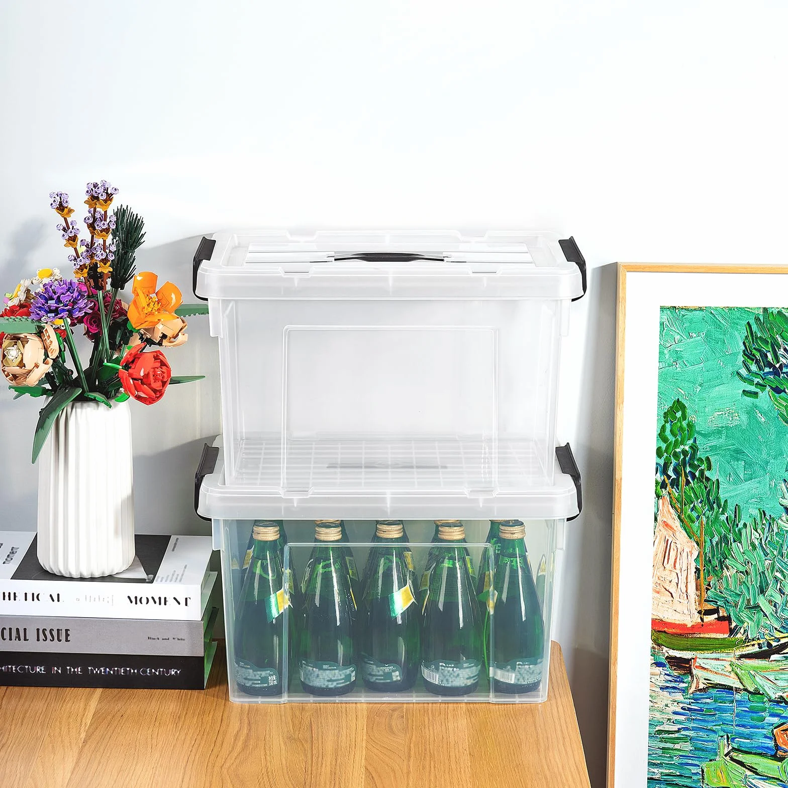 Cetomo 20L Scatole di Stoccaggio in Plastica, Portaoggetti con Coperchio, Organizzatore con Manico, Impilabile, Trasparente, Confezione da 3