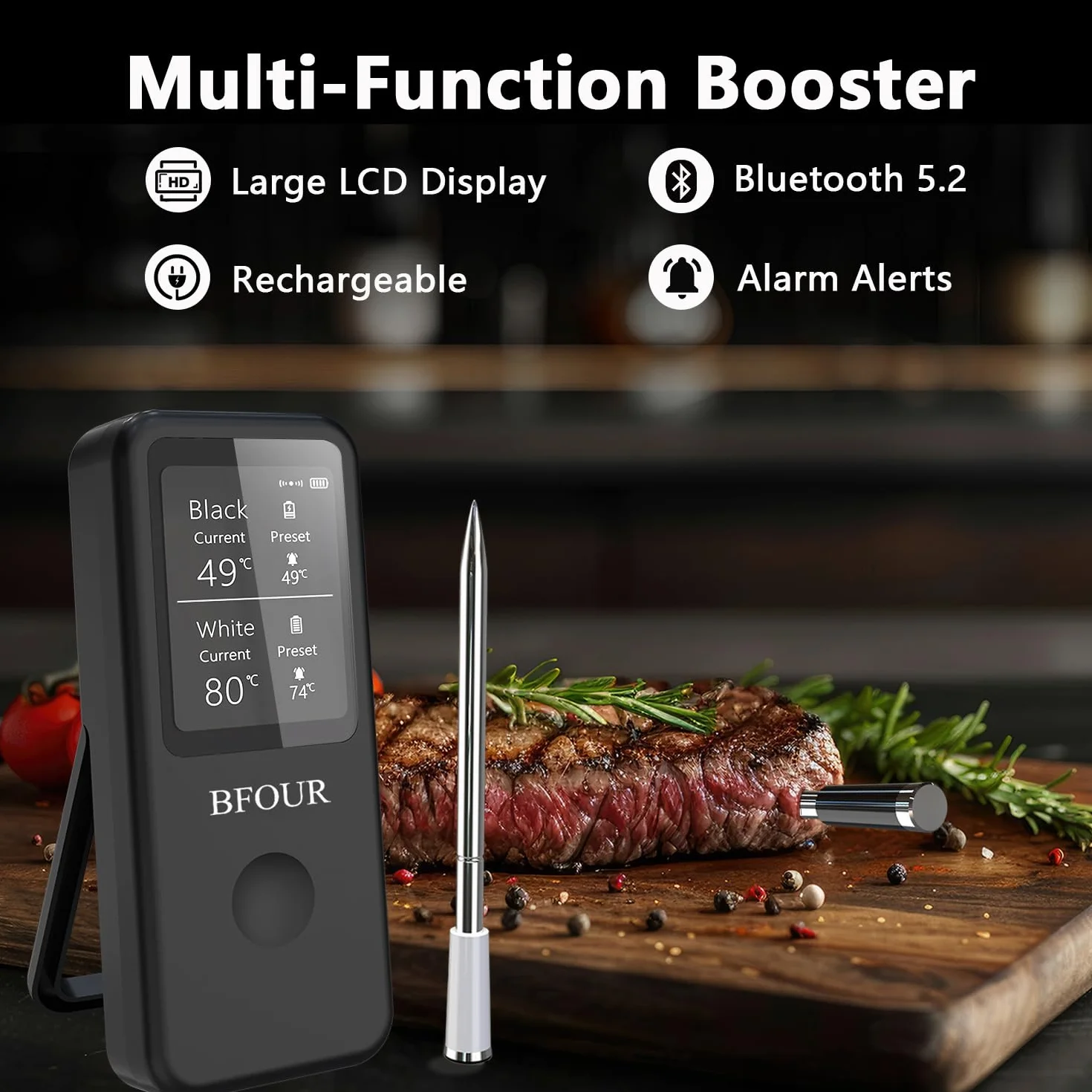 BFOUR Termometro per carne senza fili con 2 sonde, termometro per arrosti Bluetooth, digitale senza fili, per barbecue, controllo APP, precisione ± 0,5 ℃, termometro impermeabile per lavastoviglie