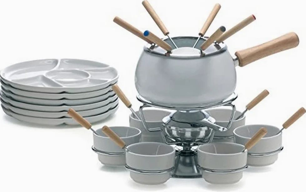 Excelsa Convivio Servizio Fonduta 28 Pezzi, Casseruola Smaltata Con Manico In Legno