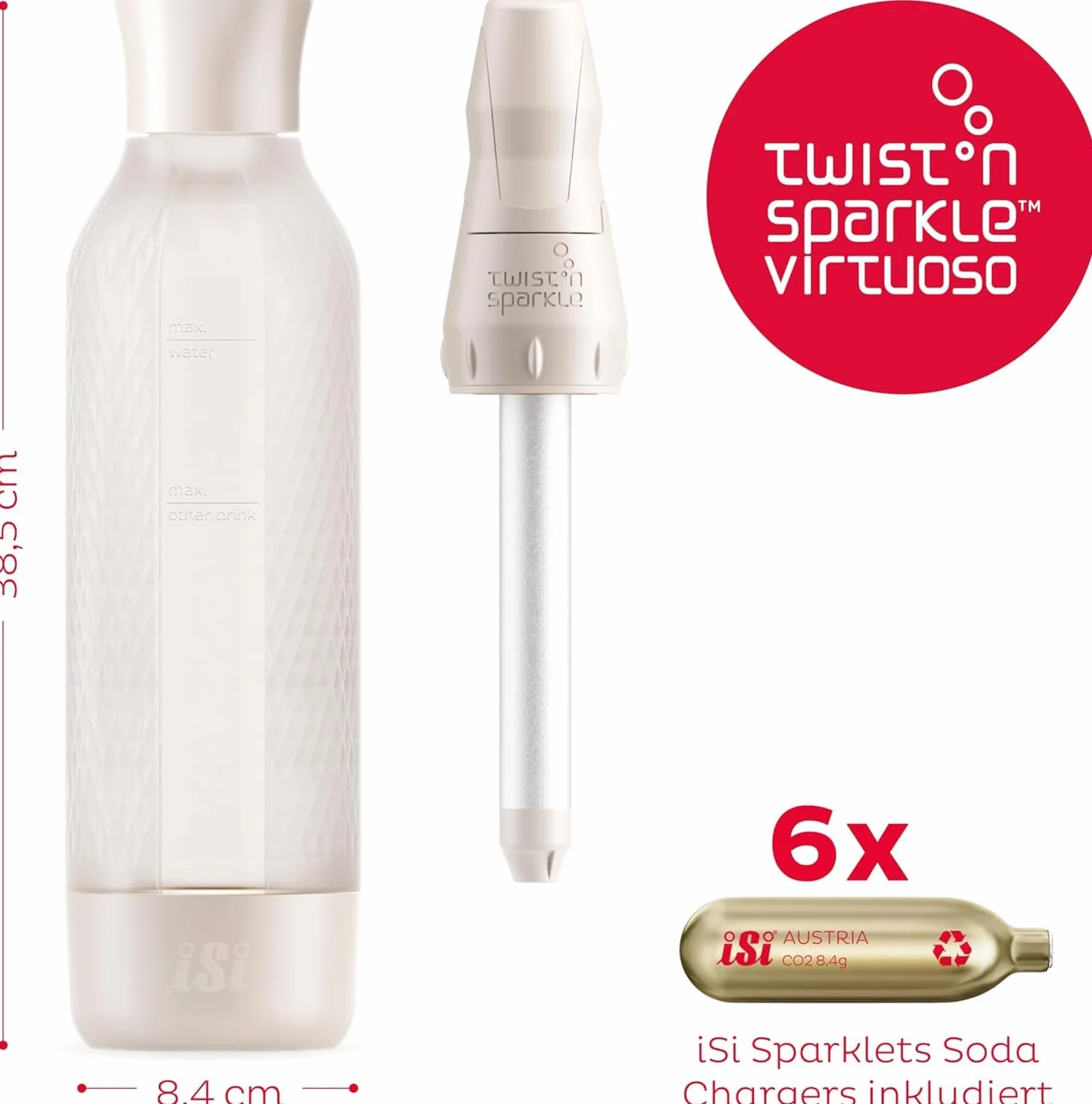 iSi Twist'n Sparkle Virtuoso Spruzzatore d'acqua 0,95 l – Soda Maker per acqua frizzante, succhi e cocktail – Sprudler & Soda Maker con custodia in silicone antiscivolo – Macchina alternativa per