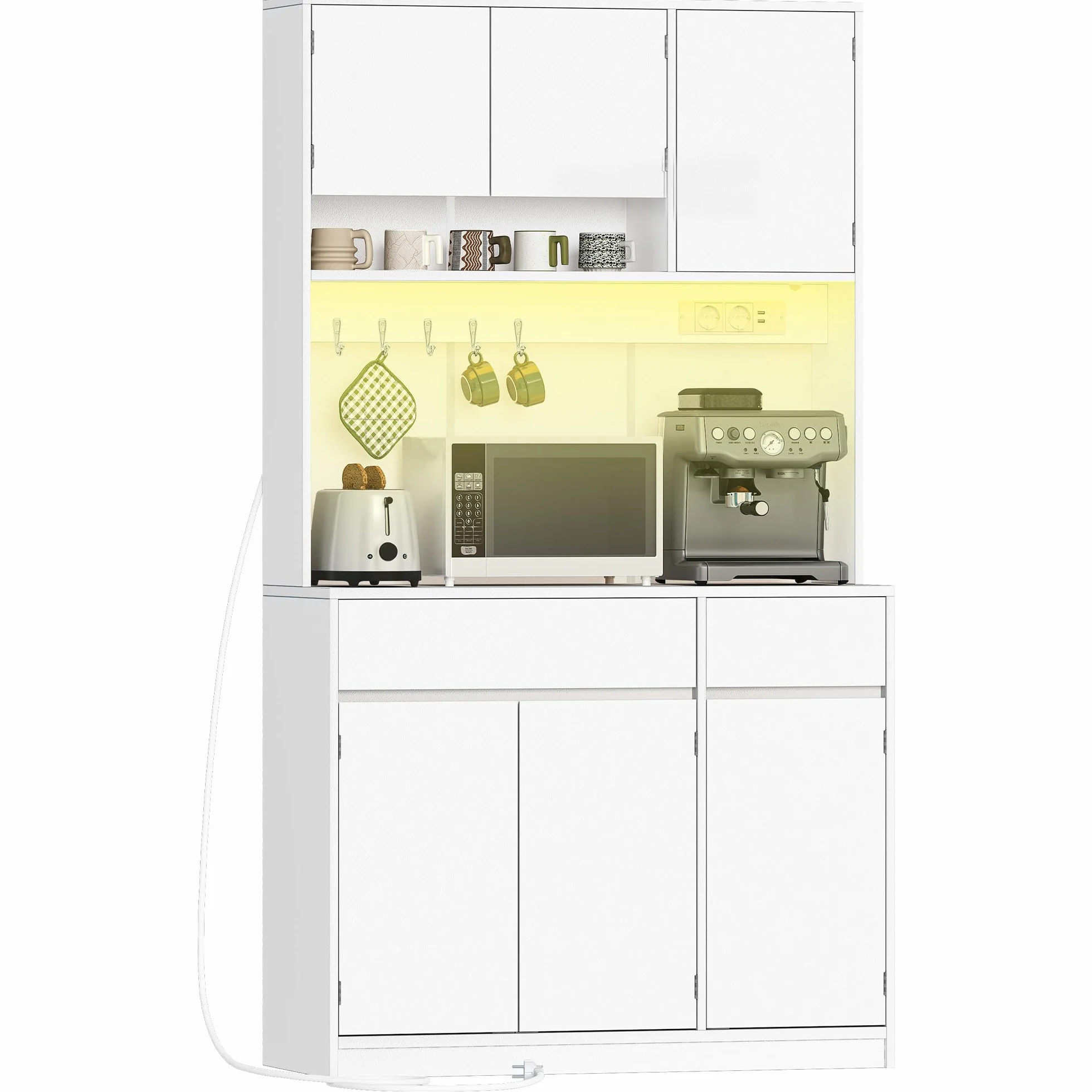 Hzuaneri Credenza Cucina Alta, Credenza Soggiorno, con Multipresa e Striscia Luminosa a LED, Ampia Superficie di Lavoro, Ripiani Regolabili, Cucina, Soggiorno, 40 x 100 x 180 cm, Bianco PT00203XEU