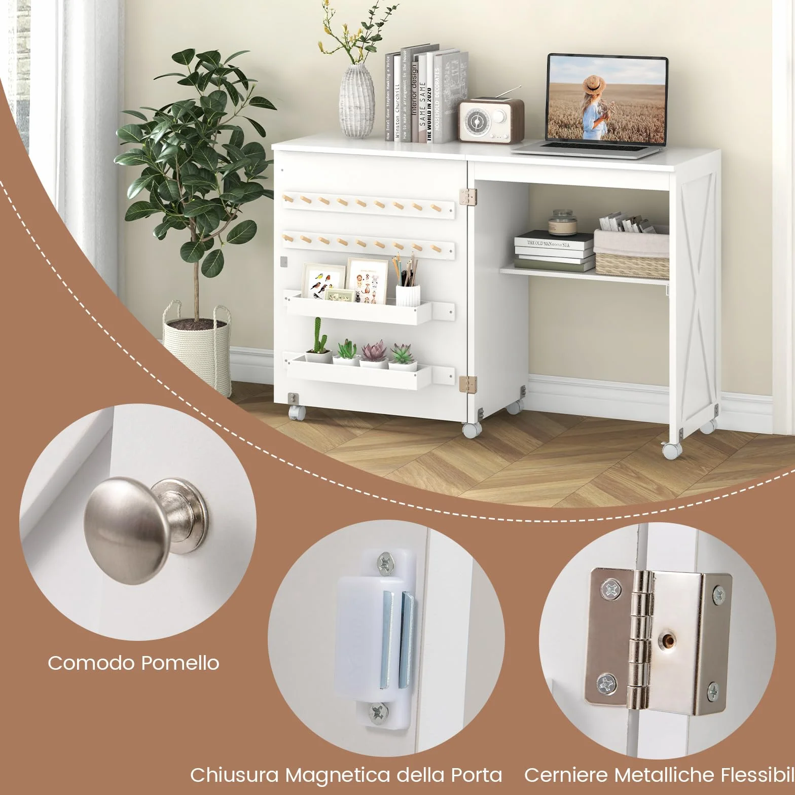 RELAX4LIFE Tavolo da Cucito Pieghevole, Armadietto per Cucito con 5 Ruote, Mensola, Ganci, Contenitori, Porta a Stalla, Mobiletto per Macchina da Cucire Salvaspazio per Soggiorno Casa (BIANCO)