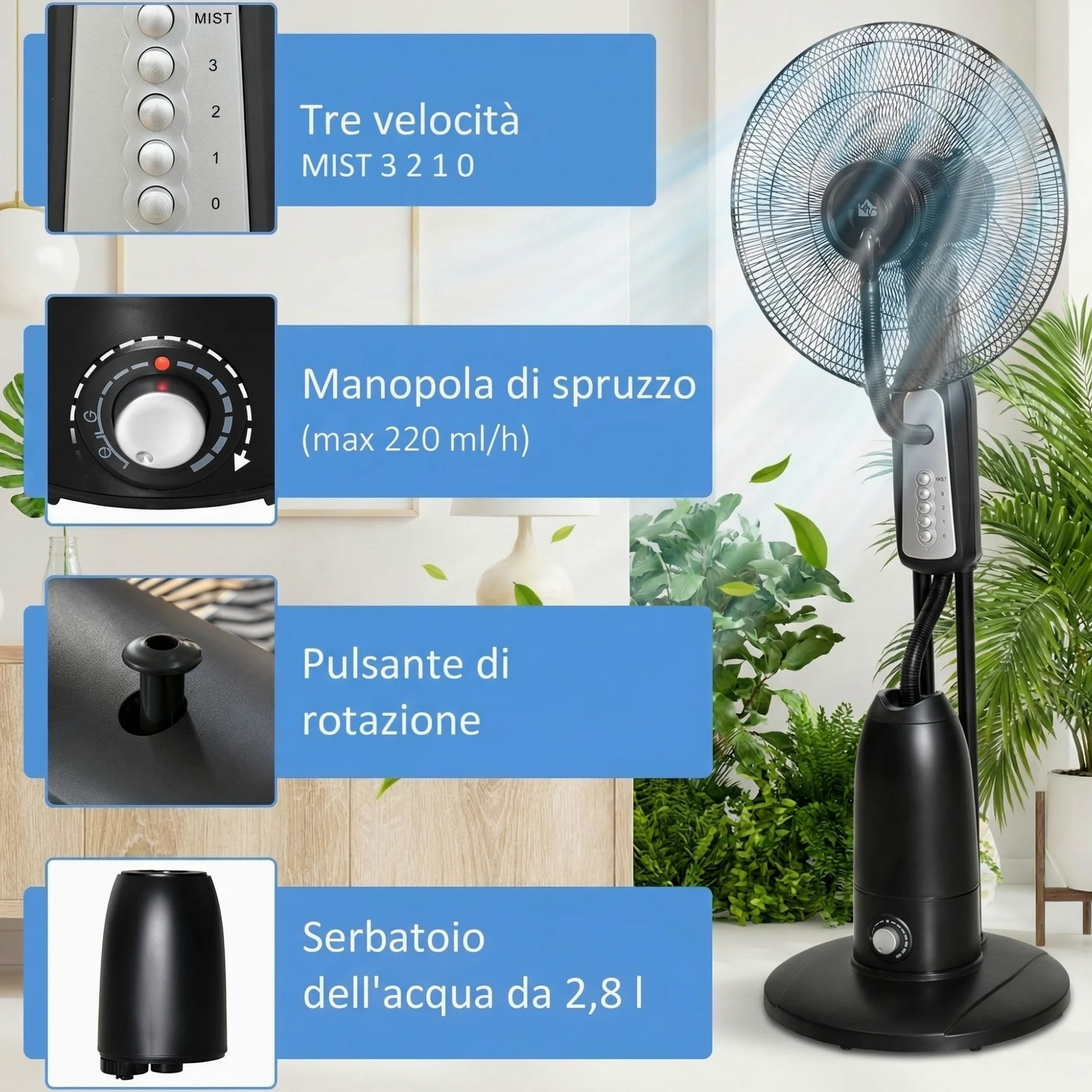 HOMCOM Ventilatore Nebulizzatore 90W con 4 Velocità e Serbatoio 2.8L, Ventilatore a Piantana con 4 Ruote, Metallo PE ABS, 44.5x44.5x120 cm, Argento e Nero
