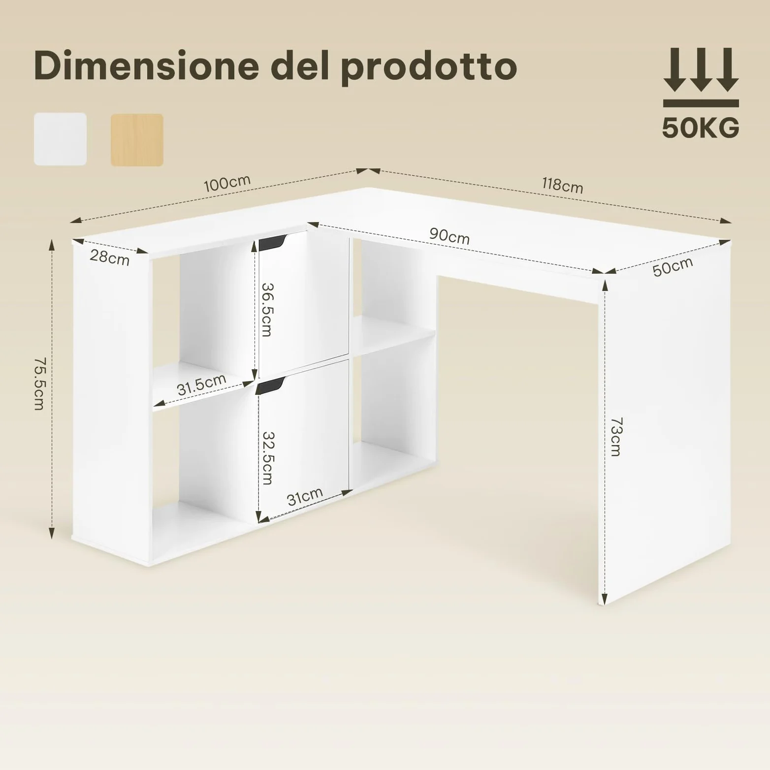 eSituro Scrivania Angolare a L con Libreria, 120 x 100 cm, Bianca | 4 Scomparti Libreria, 2 Armadi, Doppio Piano, per Computer e Studio