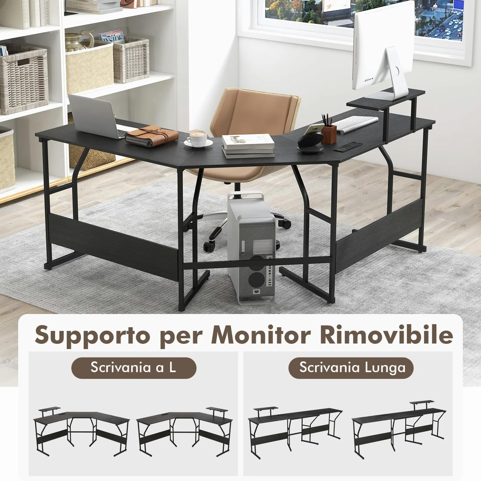 GYMAX Scrivania per Computer a L con Stazione di Ricarica, Tavolo Trasformabile Angolare con Supporto per Monitor, per 2 Persone, Postazione di Lavoro con Telaio in Metallo (Nero)