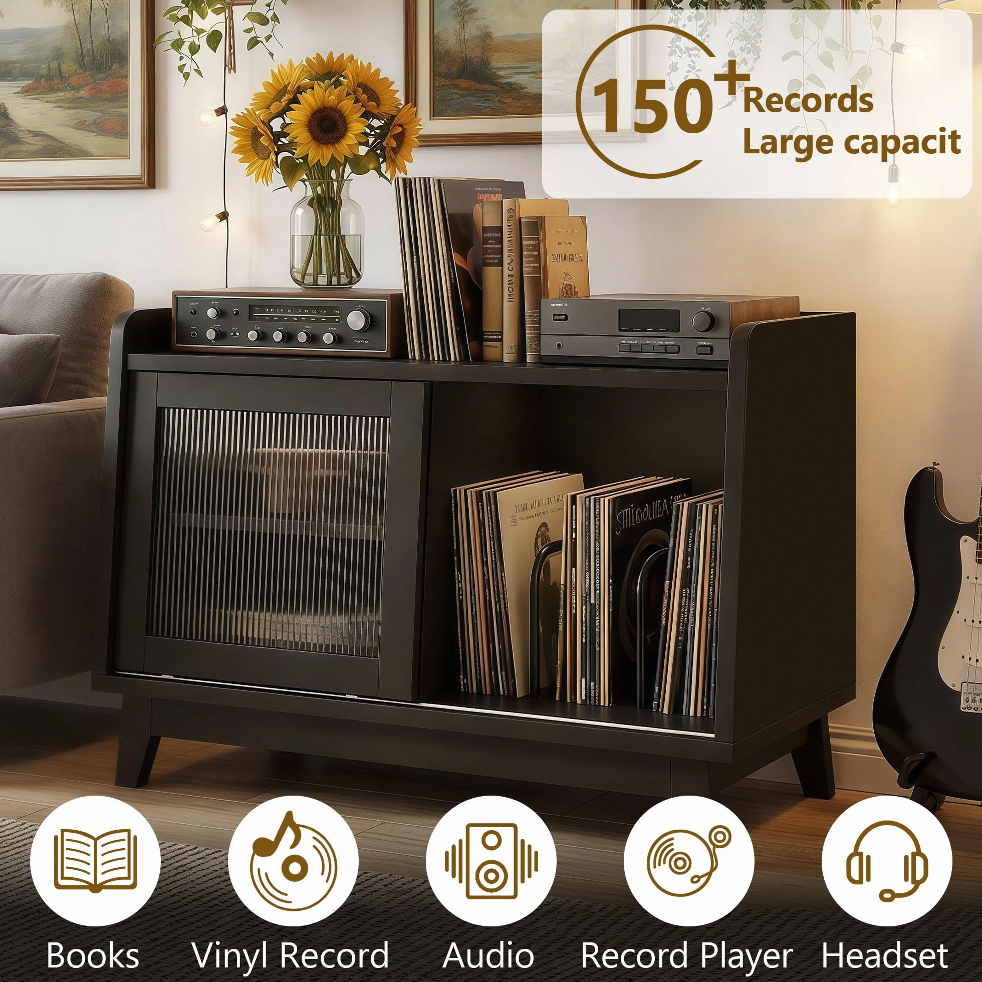 Mobile Giradischi,Con Presa di Corrente e Porta Scorrevole in Vetro Tavolo Per Giradischi in Legno, Può Contenere Oltre 200 Album,Supporto Per Giradischi Con Spazio (Black)