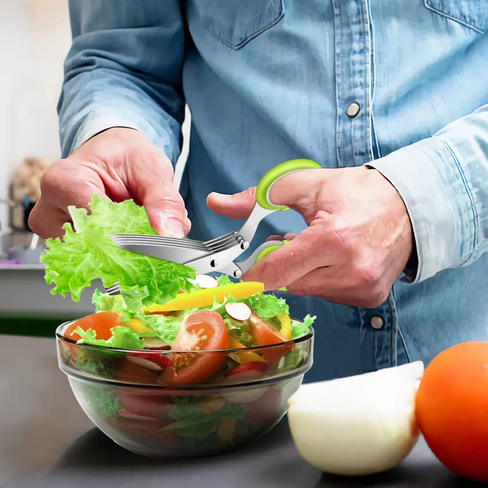 Forbici per Erbe Aromatiche, Forbici da Cucina a 5 Lame in Acciaio Inox con Manico Ergonomico, Forbici da Cucina con Pettine Pulizia per Tritare Basilico, Erba Cipollina, Origano, Rosmarino